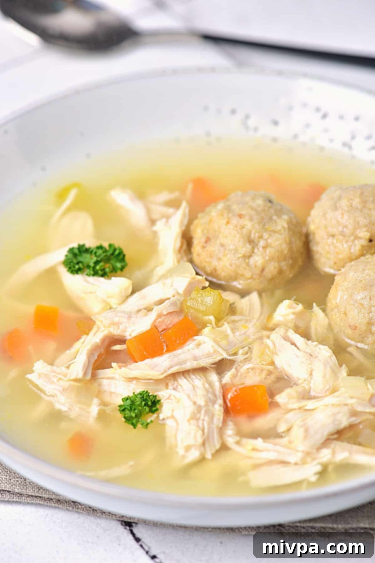 Gluten-Free Matzo Ball Soup (Dairy-Free) - Appetizing View Up close view of a hearty bowl of gluten-free matzo ball soup with tender shredded chicken, glistening broth, and fresh herbs.