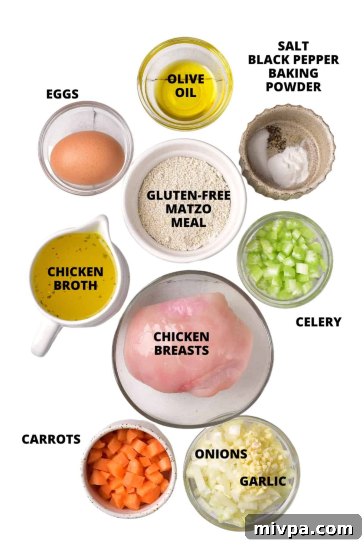 Gluten-Free Matzo Ball Soup Recipe (Dairy-Free) - Ingredients Layout All ingredients for the gluten-free matzo ball soup recipe, including matzo meal, eggs, chicken, and vegetables, neatly arranged on a wooden board.