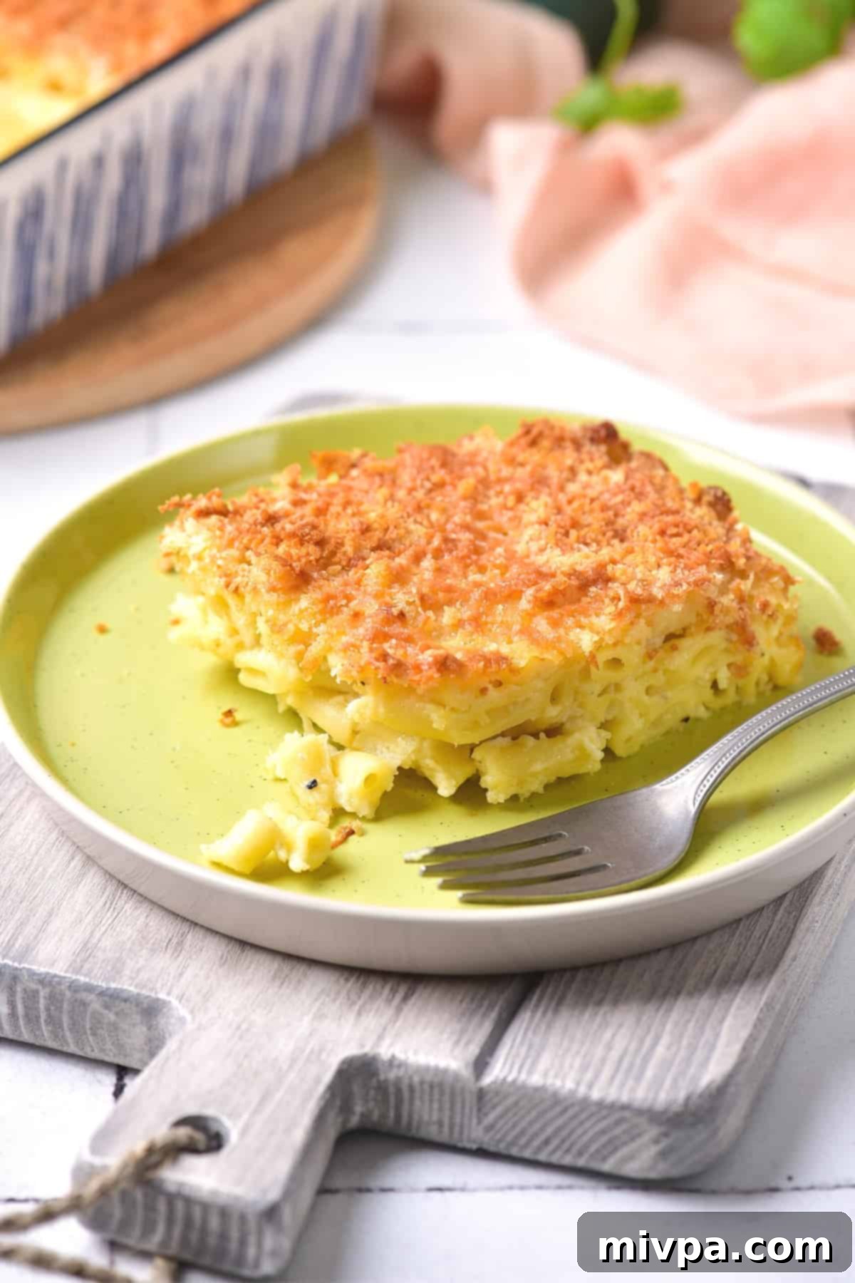 Up close view of a portion of mac and cheese.