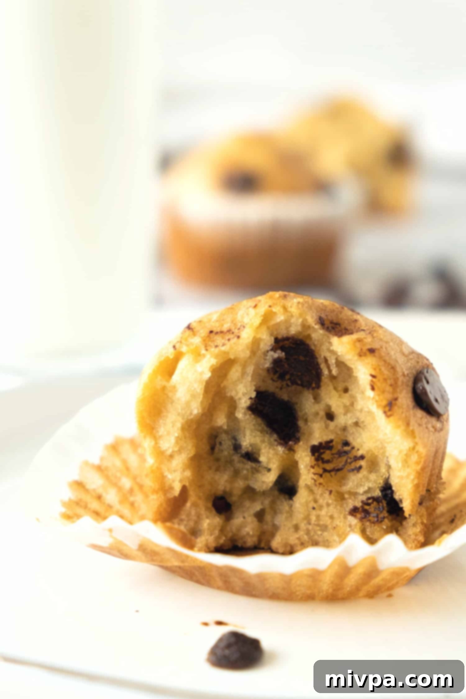 Gluten-Free Chocolate Chip Muffins (Dairy-Free) Up close shot revealing the soft, airy texture of a half-eaten gluten-free chocolate chip muffin, with melted chocolate visible.