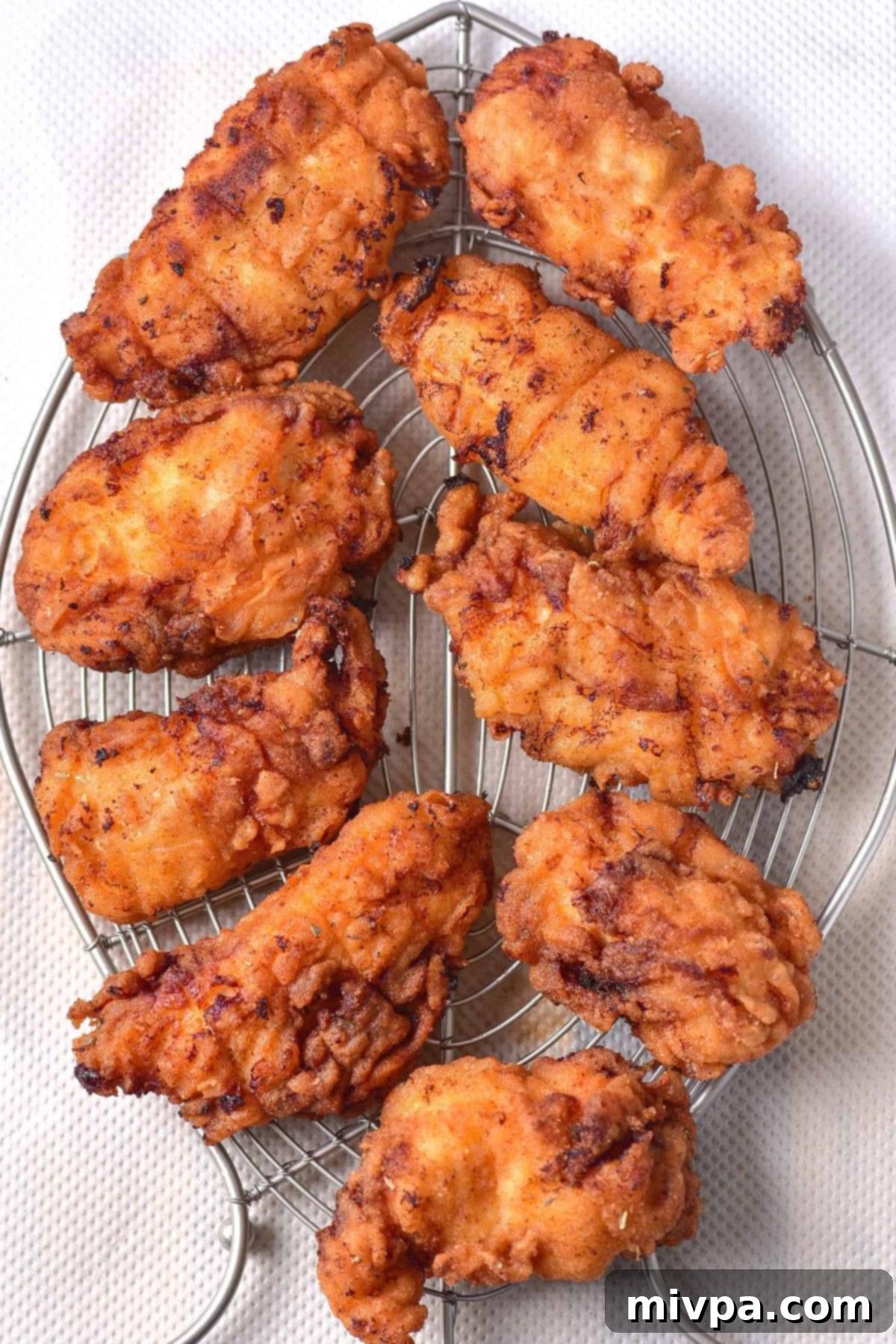 Gluten-Free Dairy-Free Fried Chicken Breast Crispy dairy-free fried chicken cooling on a wire rack with paper towels underneath to absorb excess oil.