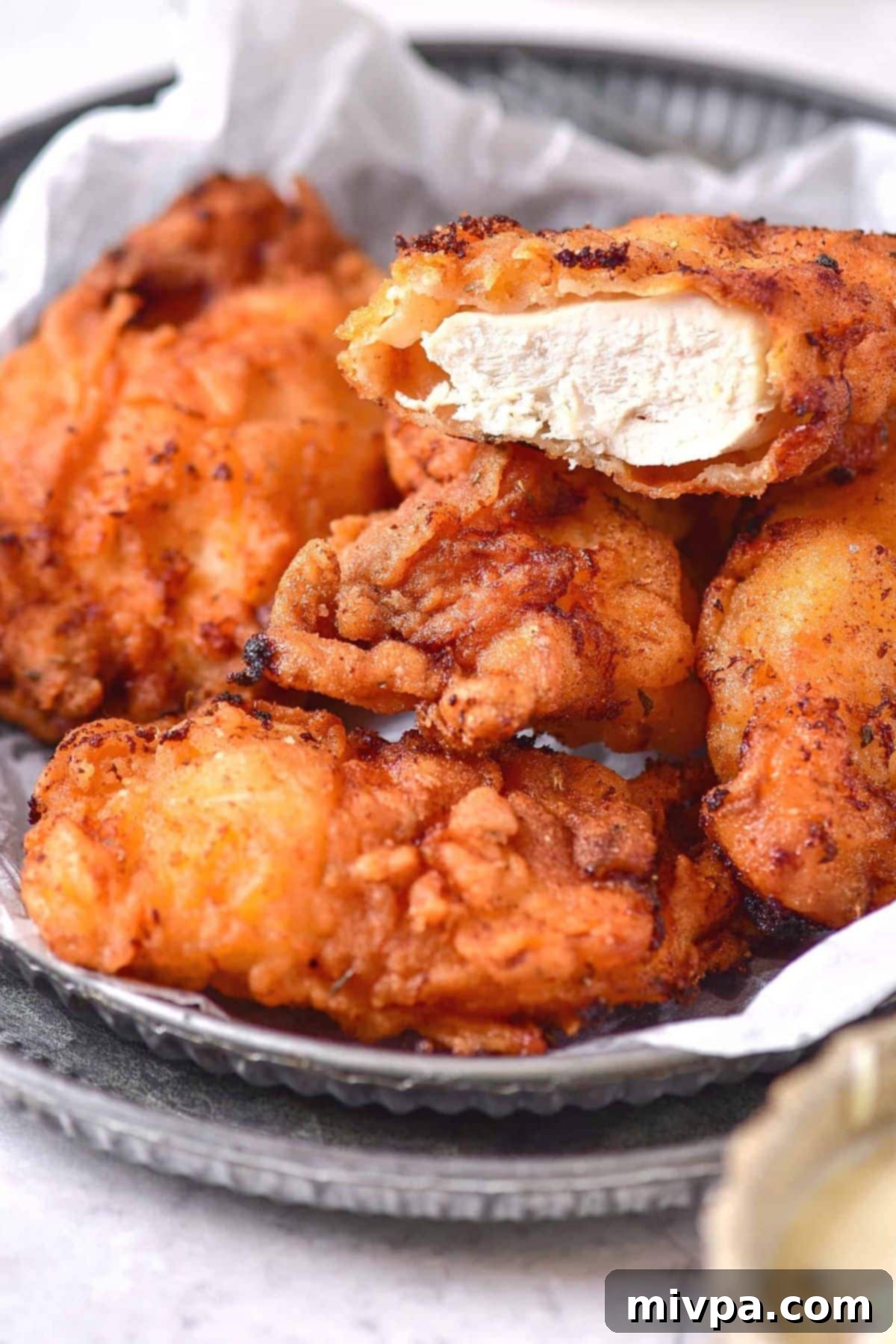 Gluten-Free Dairy-Free Fried Chicken Recipe Close-up of a partially eaten piece of gluten-free dairy-free fried chicken, showing the crispy coating and succulent meat.