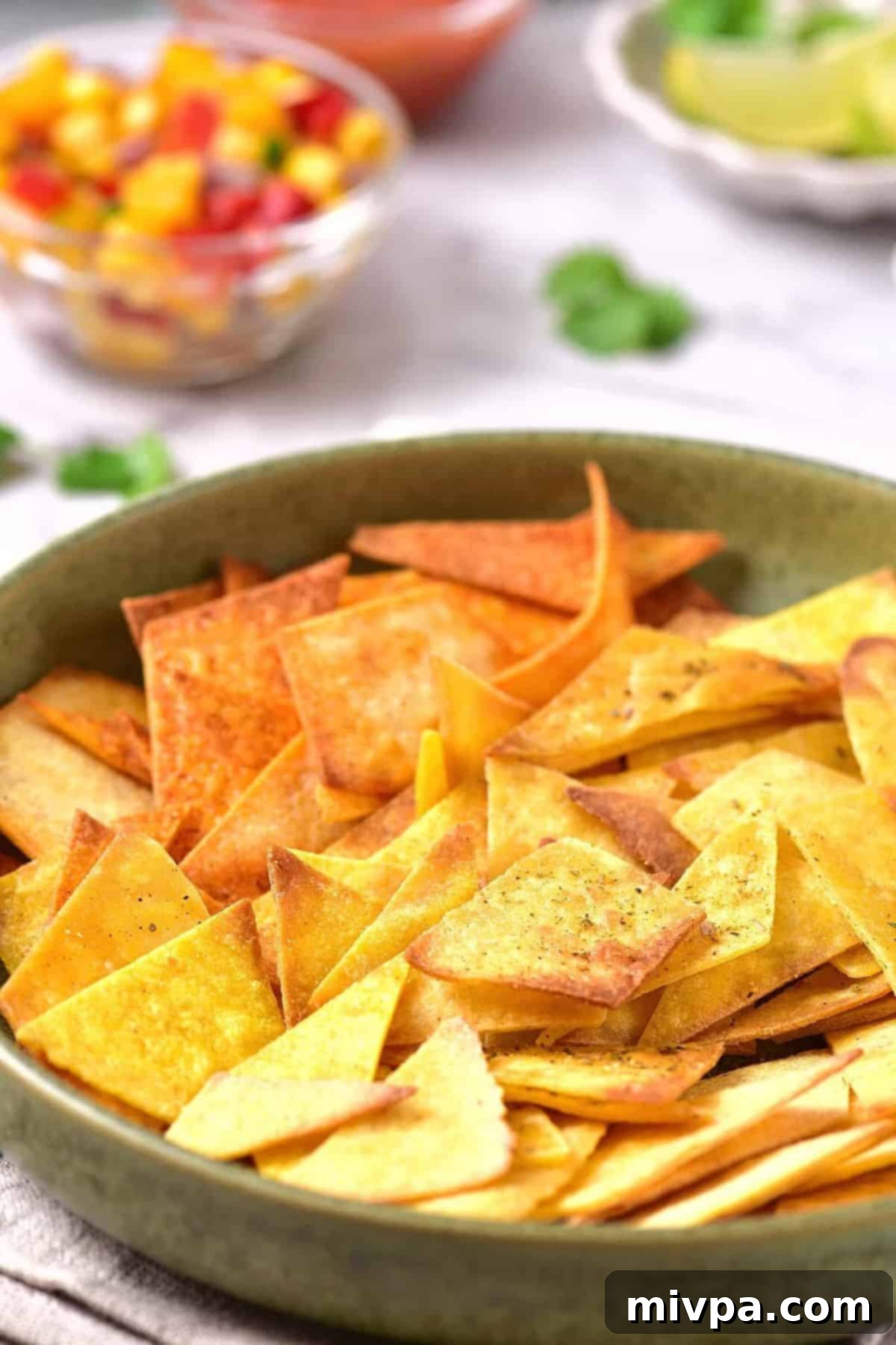 A bowl of air fryer tortilla chips 