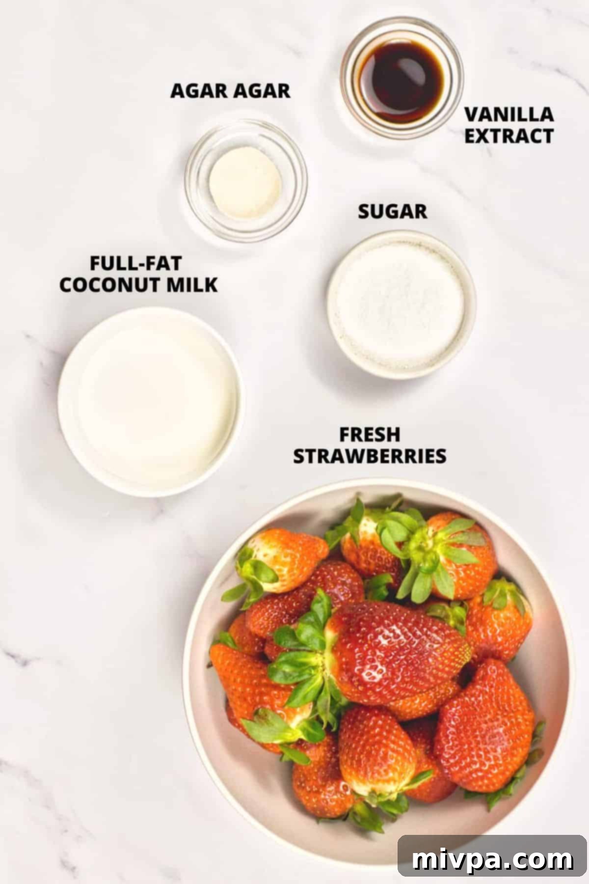 Coconut Milk Panna Cotta (Vegan, Gluten-Free) Ingredients for coconut panna cotta recipe laid out on marble board.