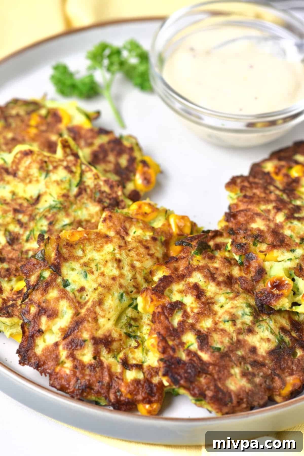 A plate of gluten-free zucchini fritters and garlic aioli.