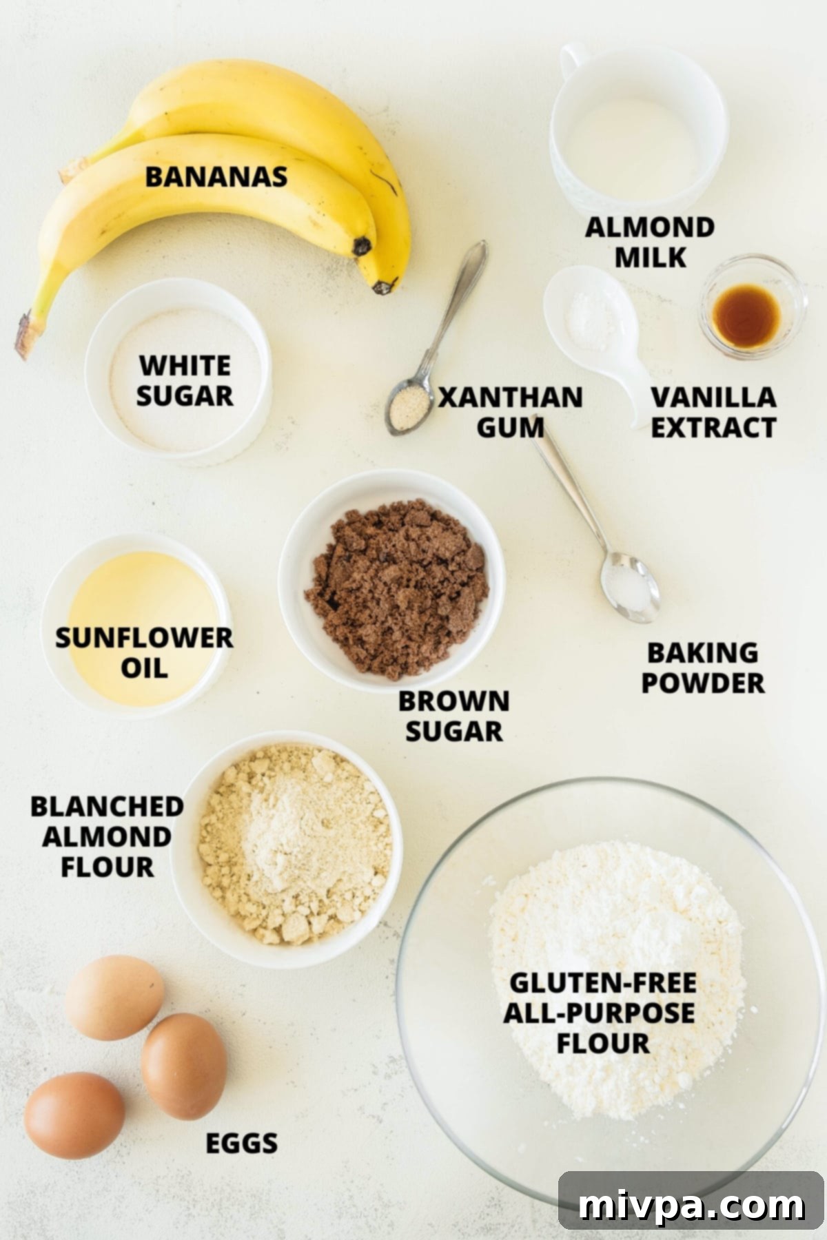 Recipe for Gluten-Free Banana Cake Ingredients for gluten-free banana cake recipe laid out on board.