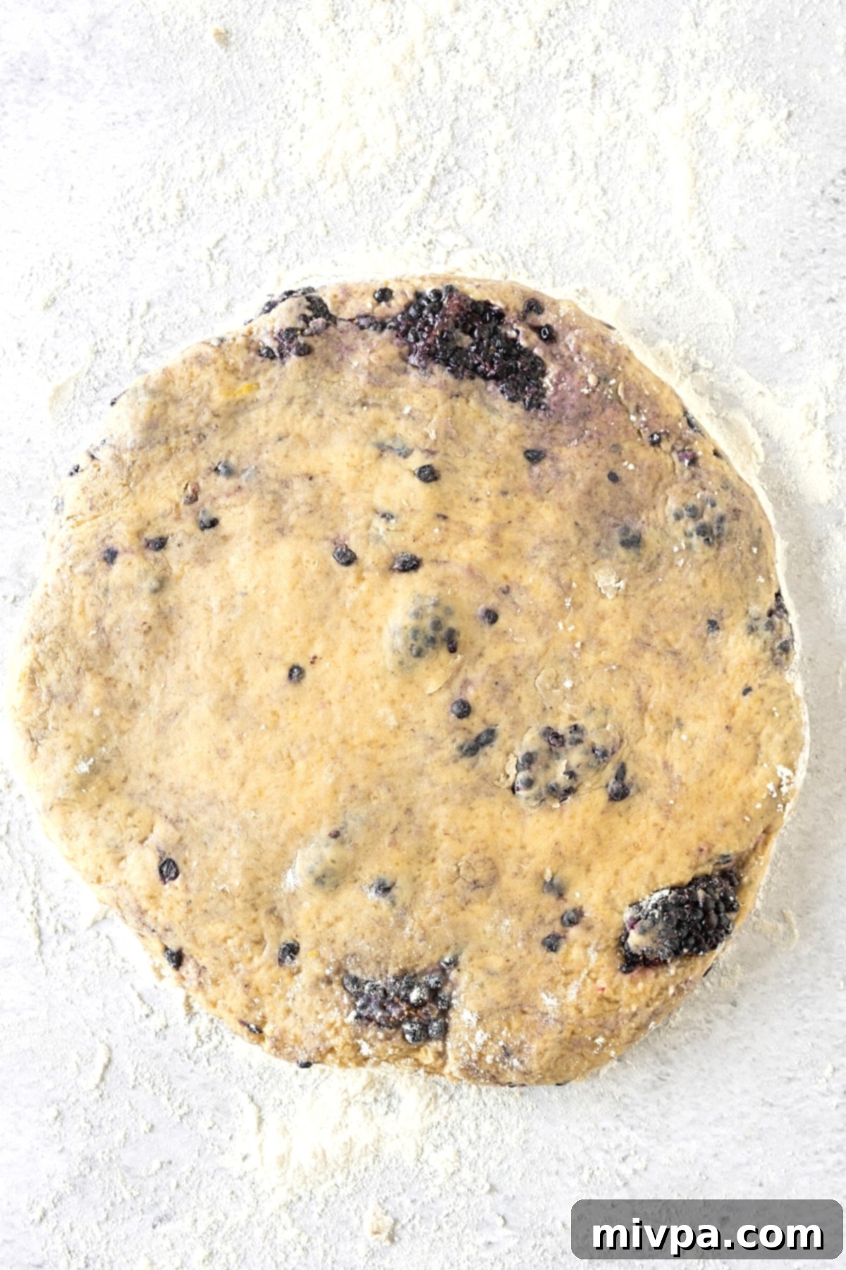Gluten-Free Blackberry Lemon Scones (Dairy-Free) Dough Disc A round disc of scone dough, flattened to an even thickness, ready for cutting.