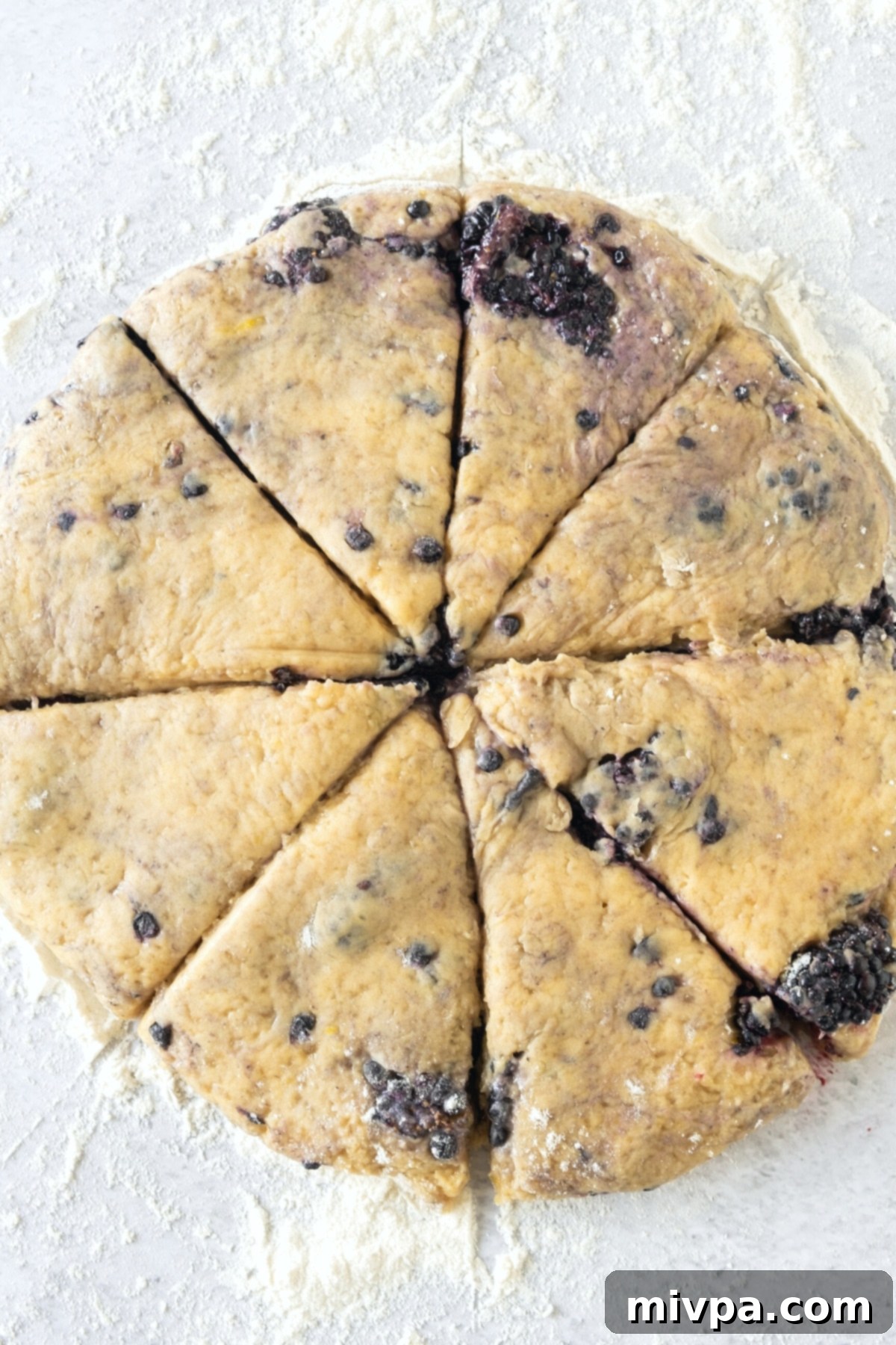 Gluten-Free Lemon Blackberry Scones (Dairy-Free) Cut Wedges Scone dough expertly cut into 8 equal triangular wedges on a cutting board.