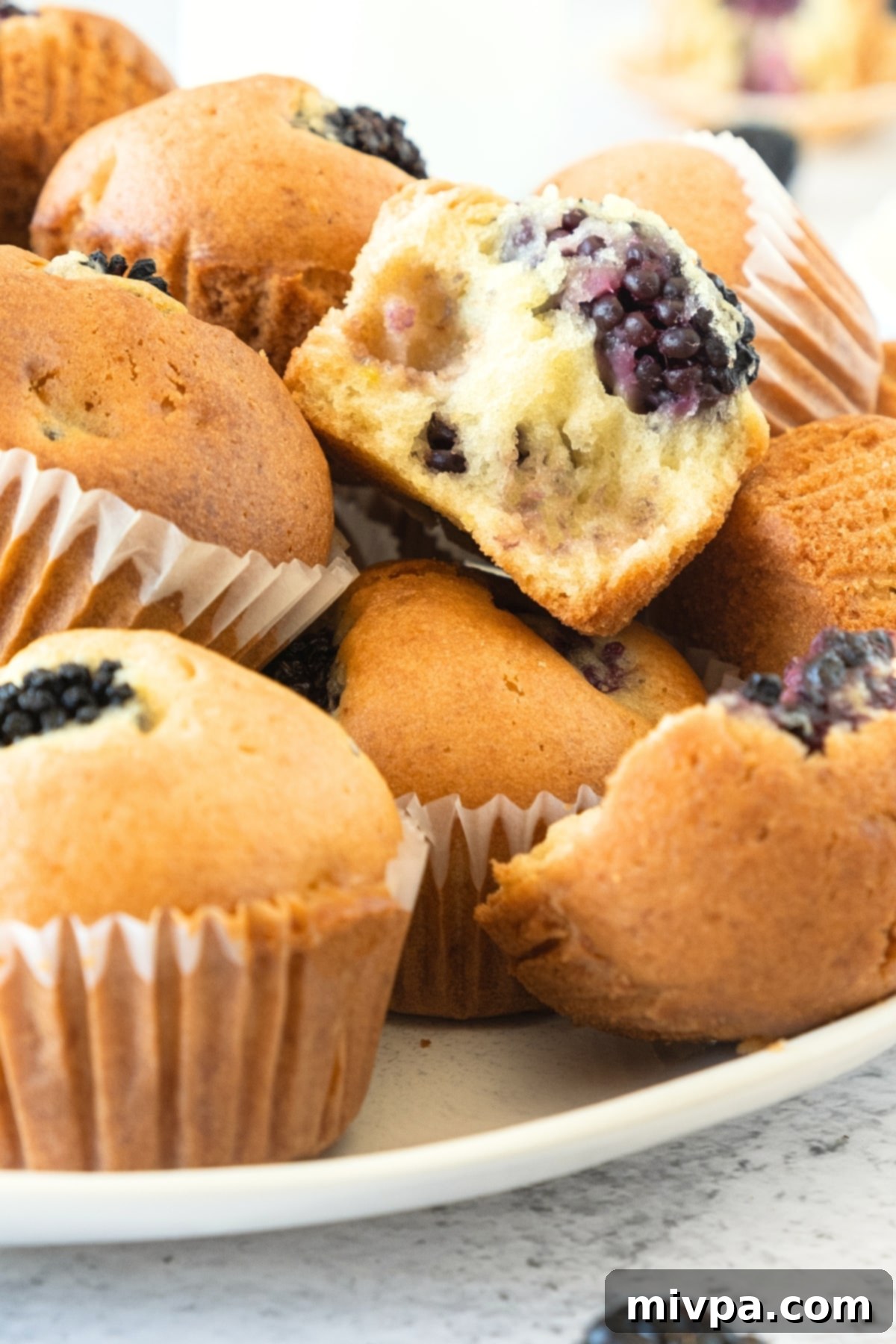 Up close shot of a stack of gluten-free blackberry muffins on a plate.