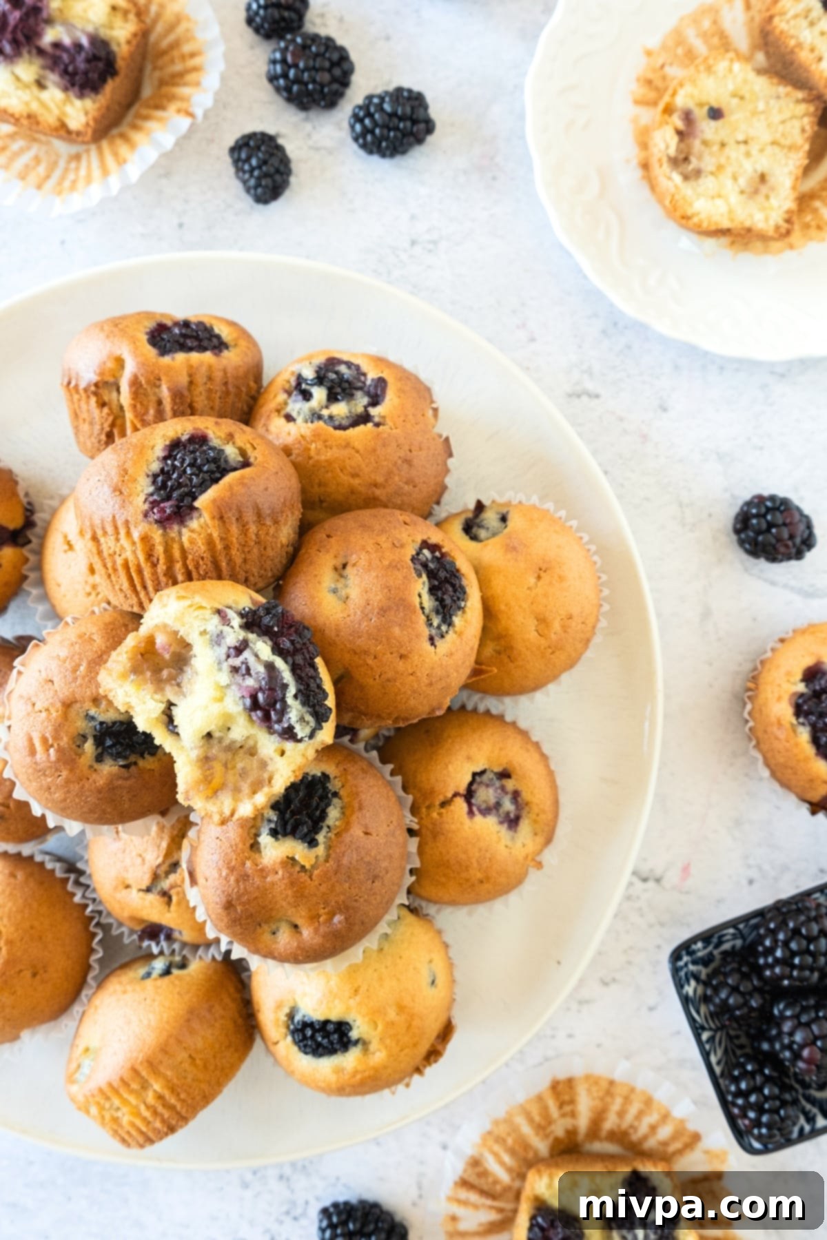 Top down view of a plate of blackberry muffins.