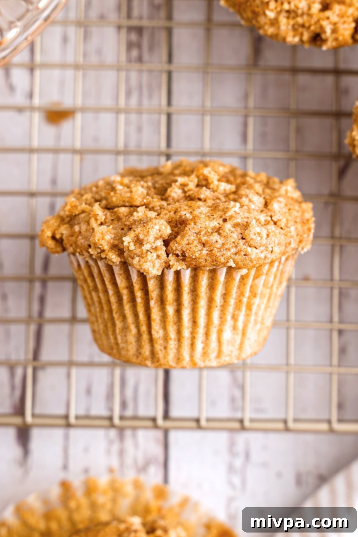 Up close shot of a muffin cooling on wire rack.