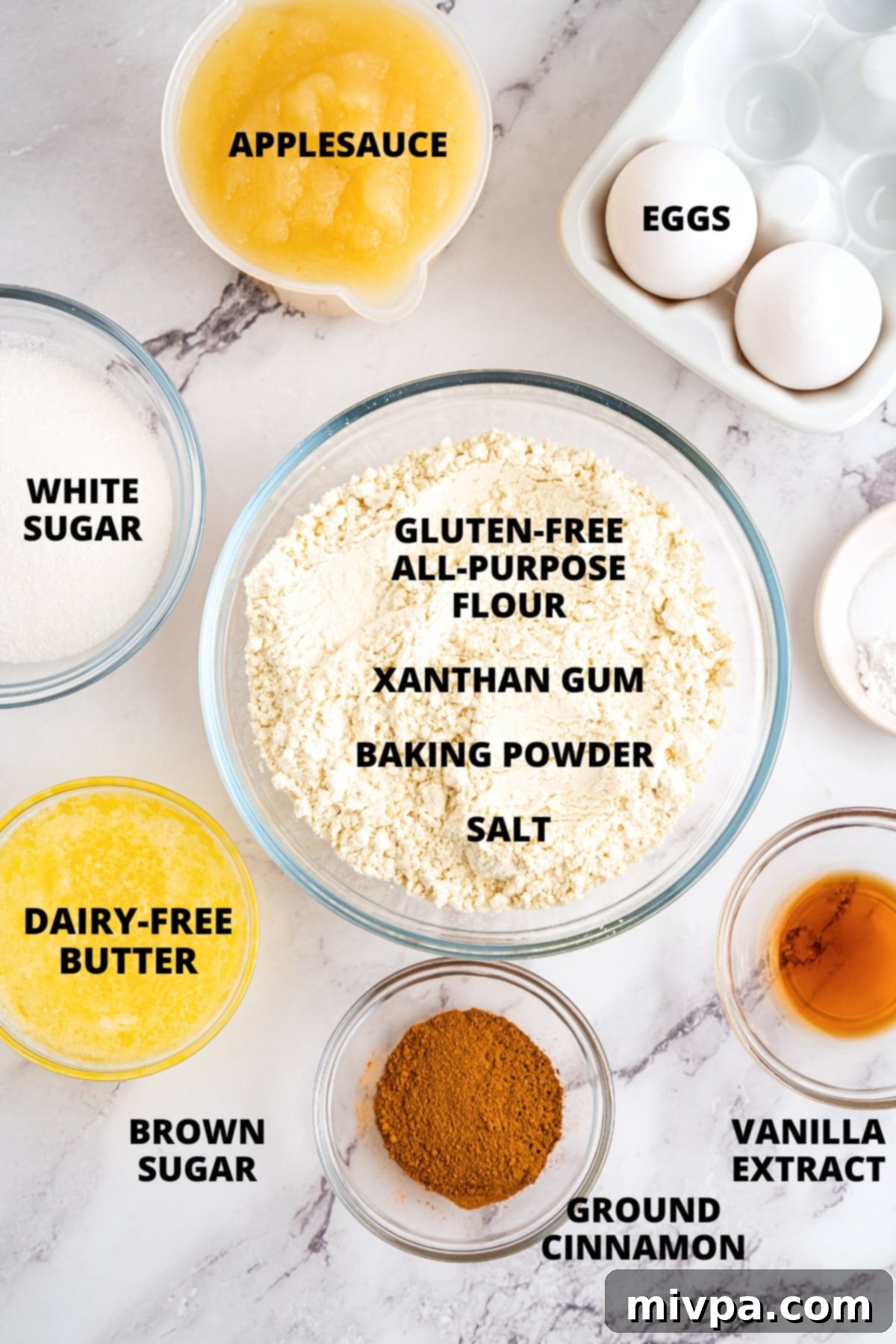 Ingredients for gluten-free applesauce muffin recipe.