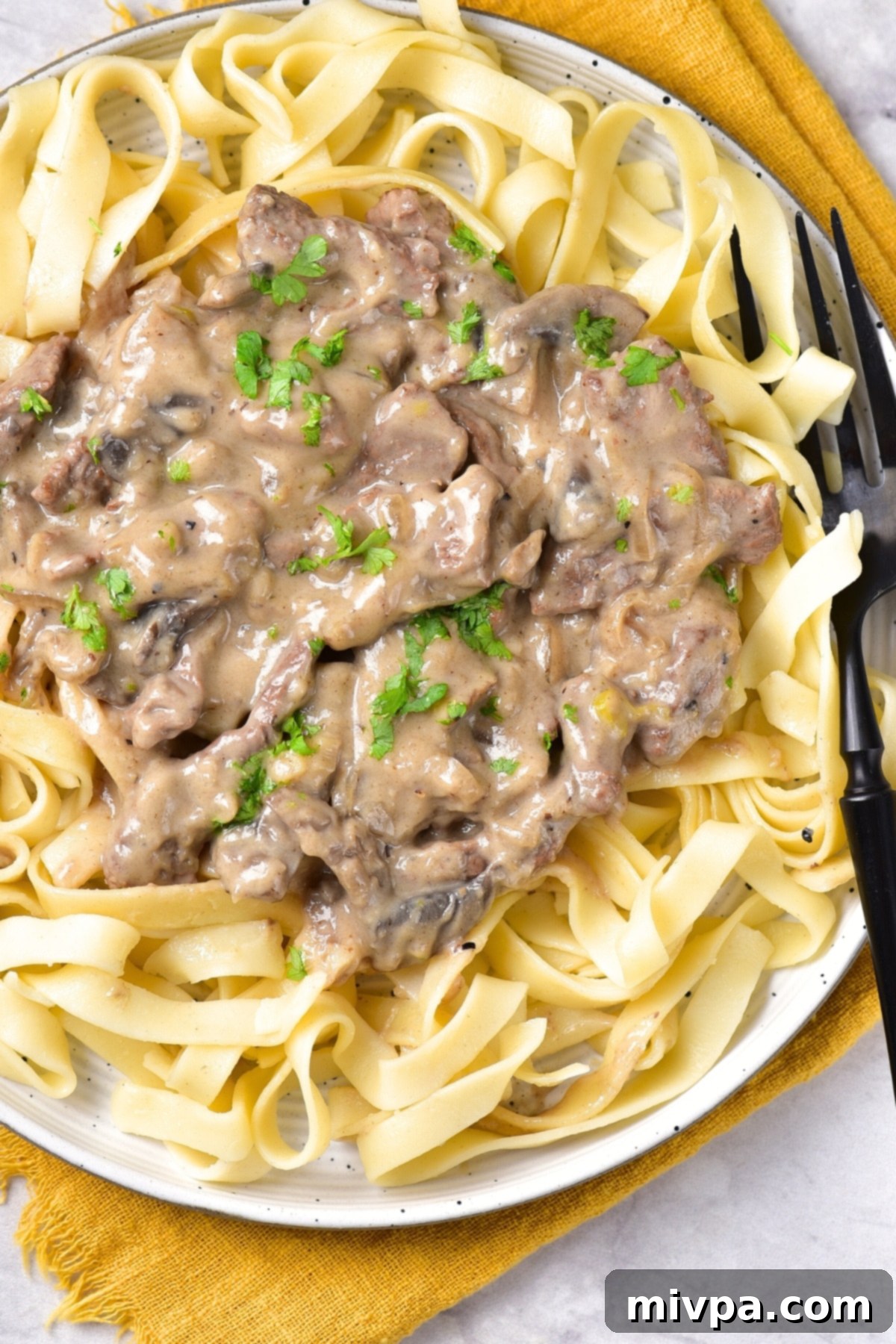 Dairy-Free Beef Stroganoff (Gluten-Free) Top down view of gluten-free dairy-free beef stroganoff.