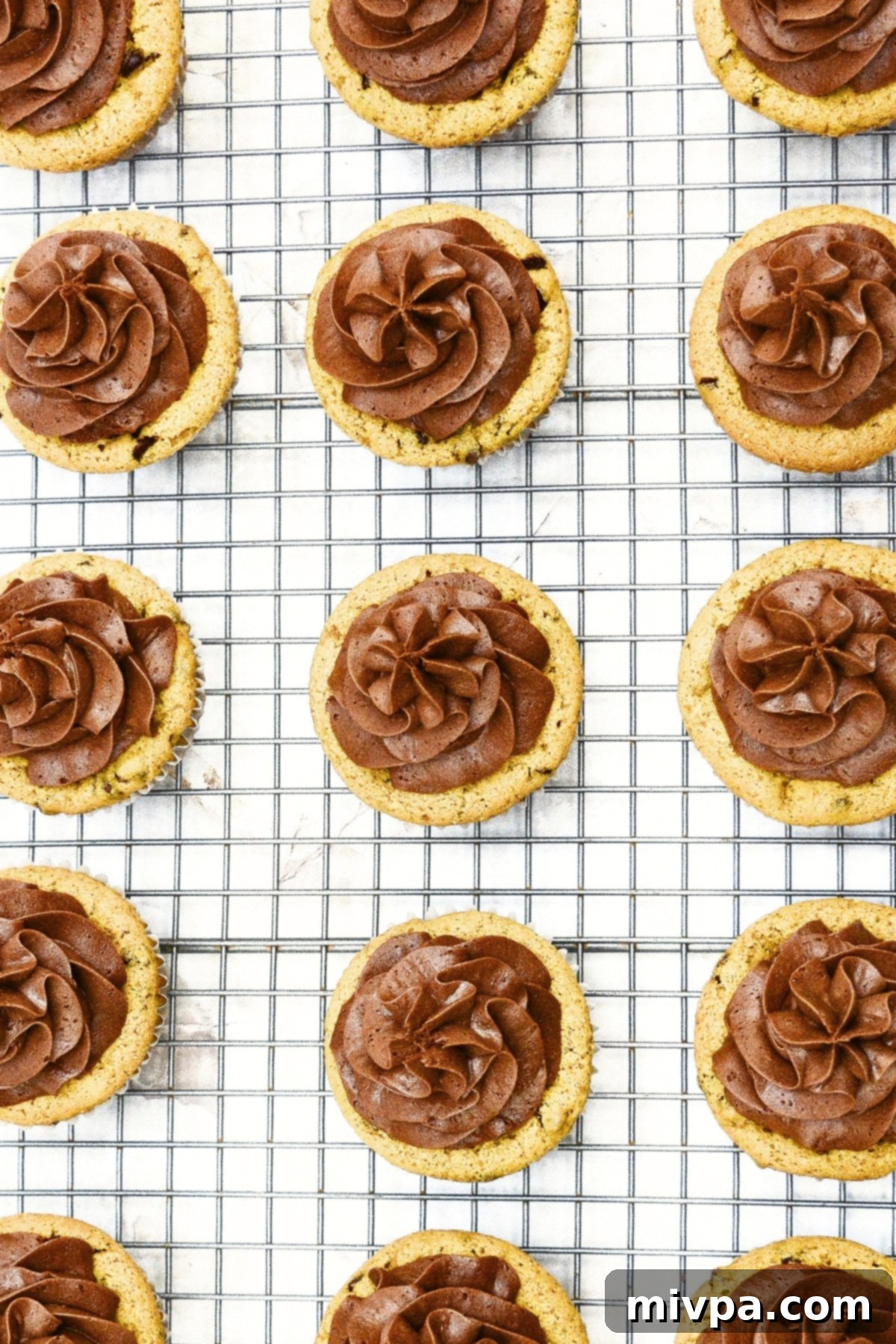 Gluten-Free Pumpkin Cupcakes (Dairy-Free) Gluten-free pumpkin cupcakes beautifully frosted with chocolate icing, arranged on a wire rack.