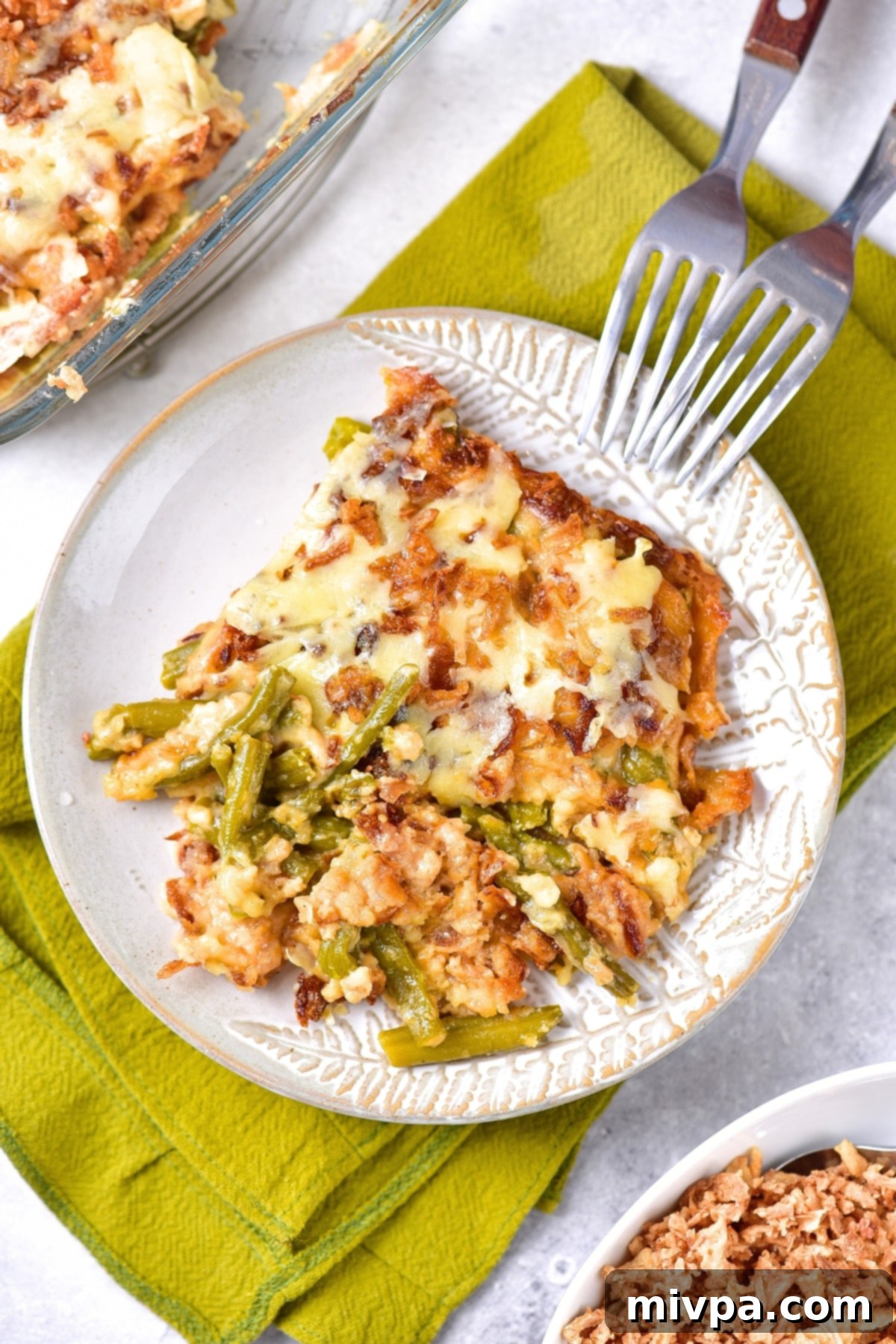 Top down view of a plate of gluten-free green bean bake.