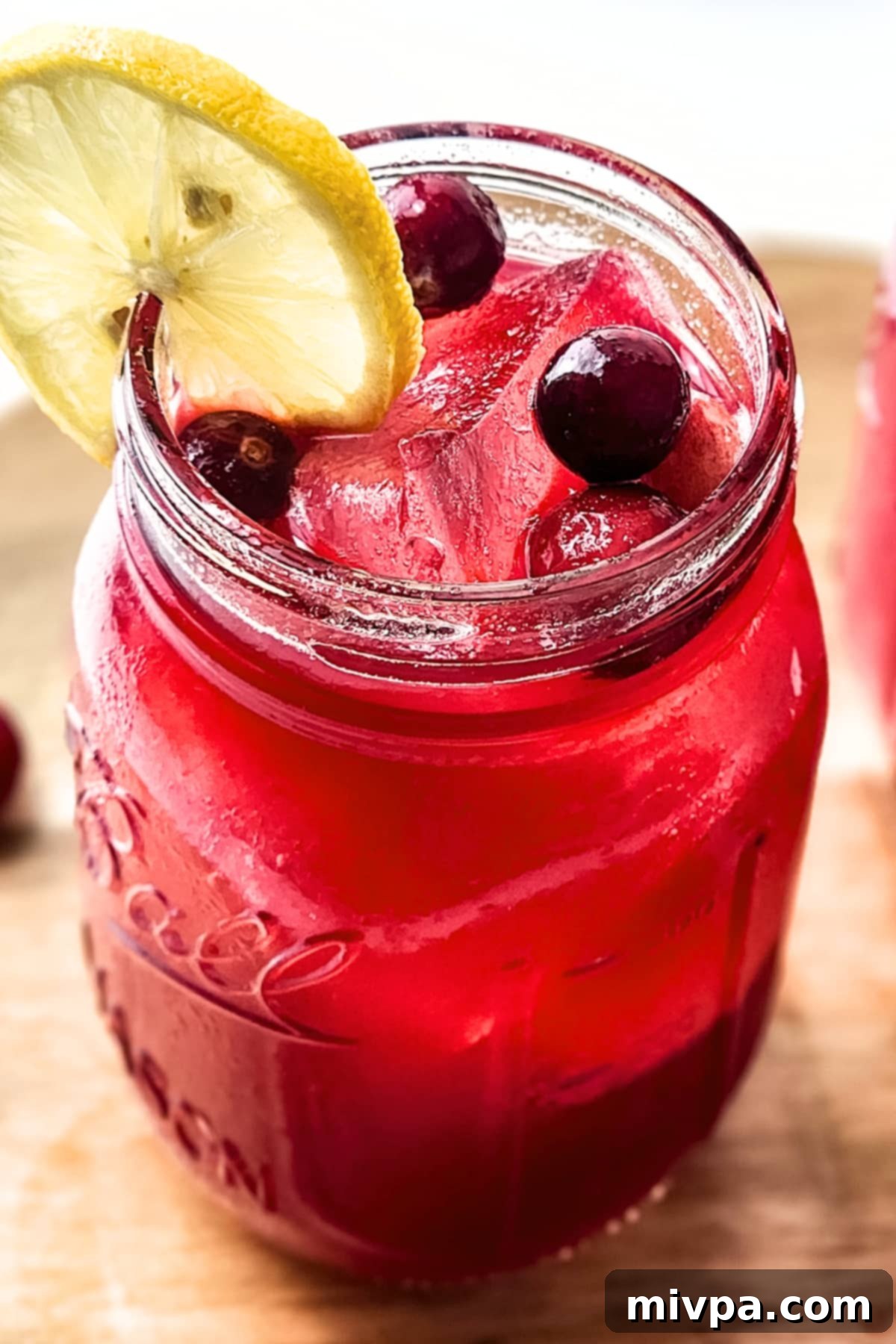Close-up view of a single glass of homemade cranberry juice, garnished with a fresh lemon slice and a few whole cranberries, emphasizing its natural appeal.