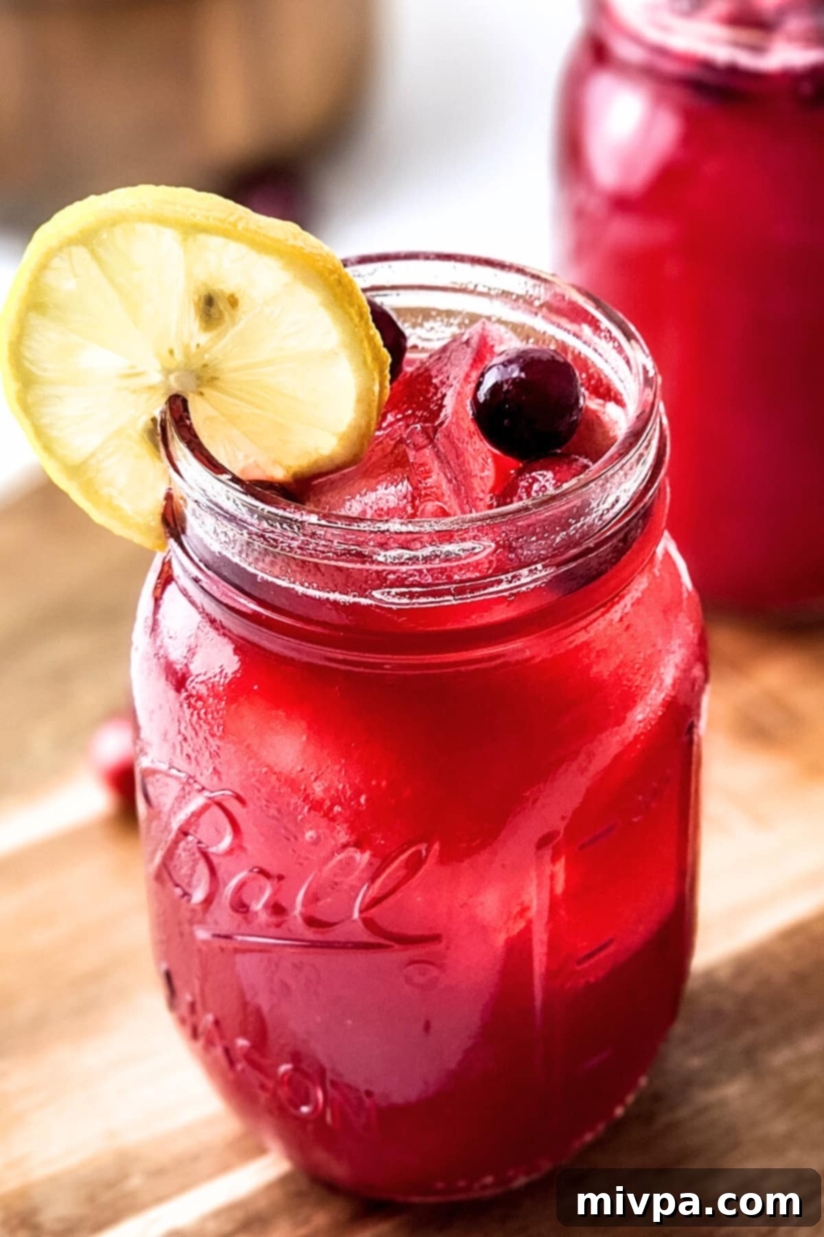 A beautifully presented glass of fresh homemade cranberry juice, garnished with a vibrant lemon slice, inviting enjoyment.