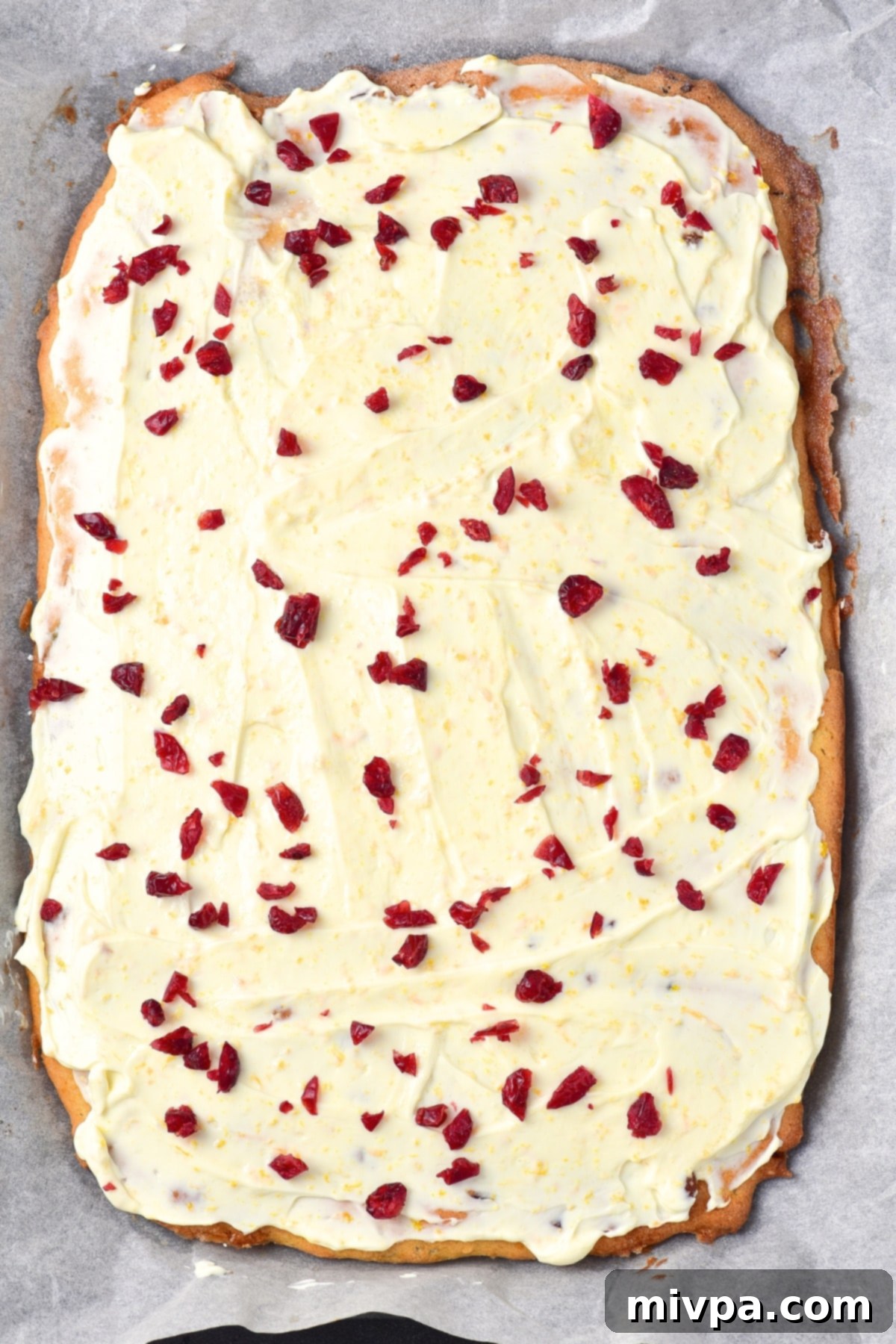 Homemade Cranberry Bliss Bars (Gluten-Free, Dairy-Free Assembled) A smooth layer of white cream cheese frosting covers the cake, generously sprinkled with bright red dried cranberries.