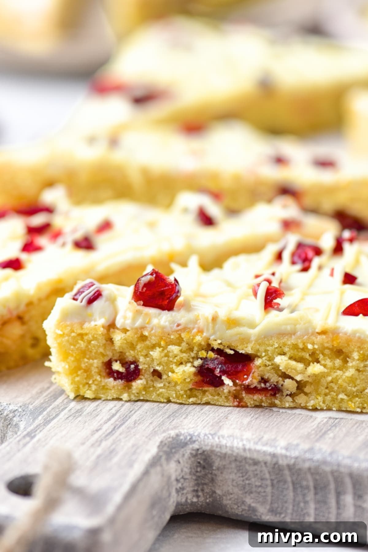 Gluten-Free Recipe for Cranberry Bliss Bars (Dairy-Free Texture) Close-up shot of a gluten-free cranberry bliss bar revealing its moist, tender texture and generous filling of cranberries and white chocolate.