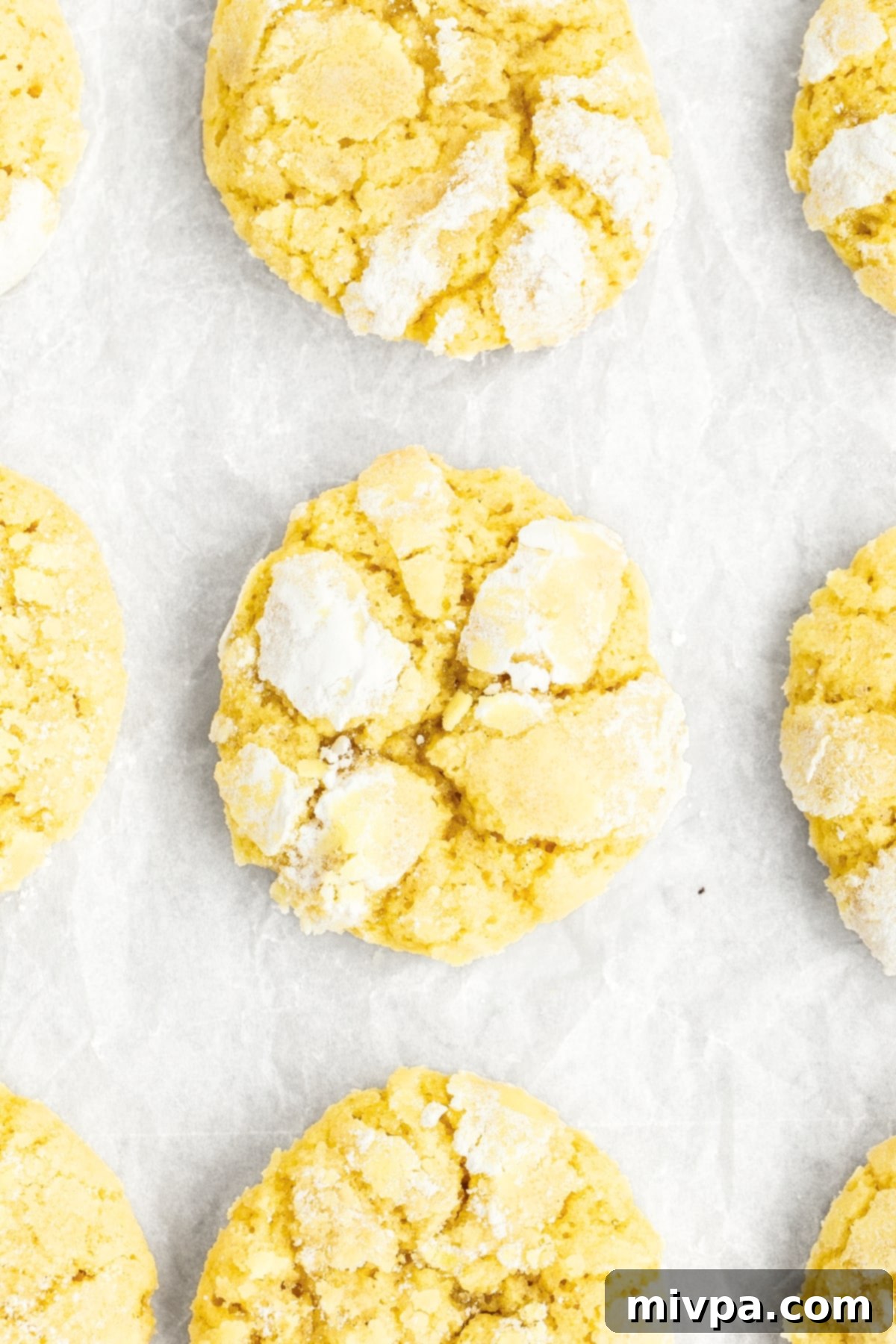 Lemon flavored crinkle cookies on parchment paper.