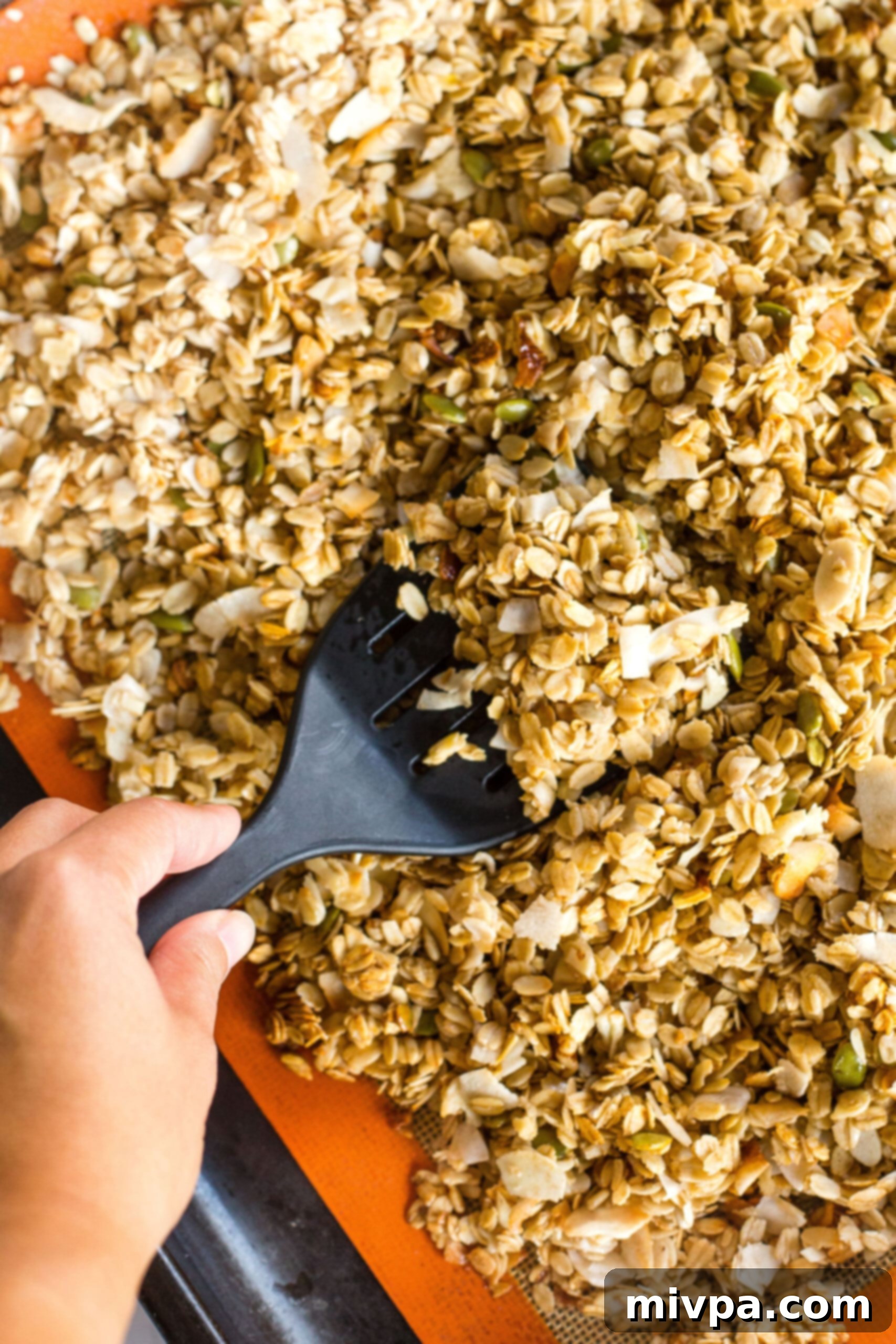 Easy Homemade Granola (Gluten-Free, Vegan) Scooping up freshly baked granola.