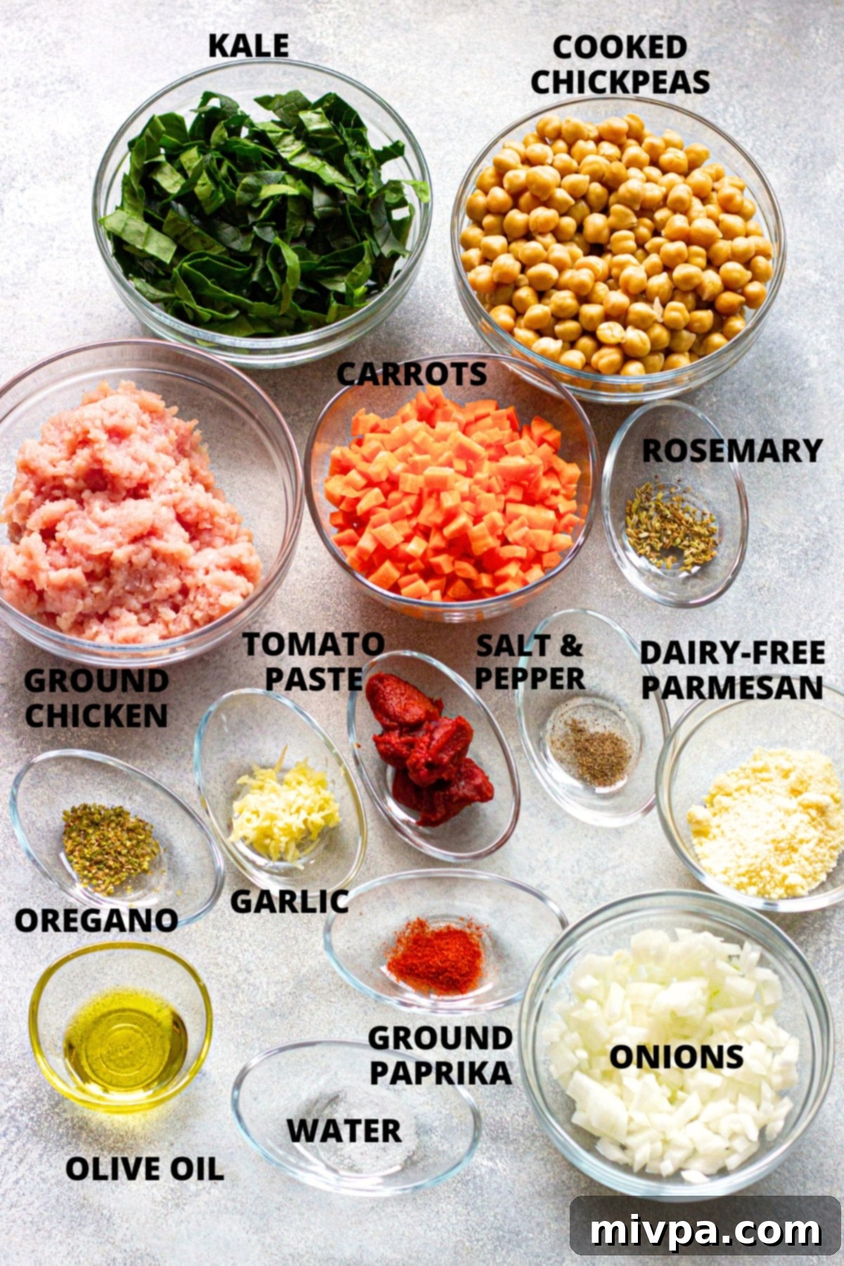 Hearty Chickpea Kale Soup Recipe (Gluten-Free, Dairy-Free) Ingredients for chickpea kale soup recipe laid out on board.