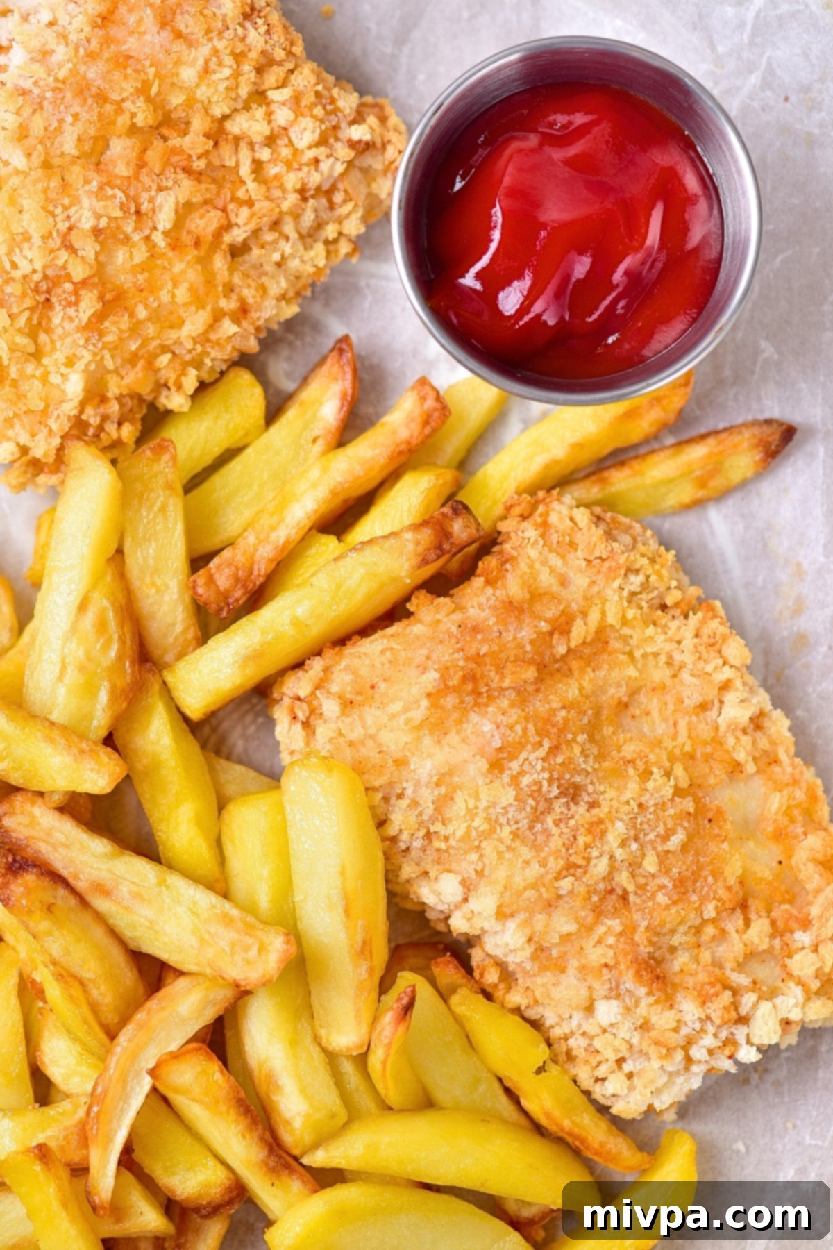 Up close shot of golden brown gluten-free fish and chips served on parchment paper with lemon wedges and sauce.
