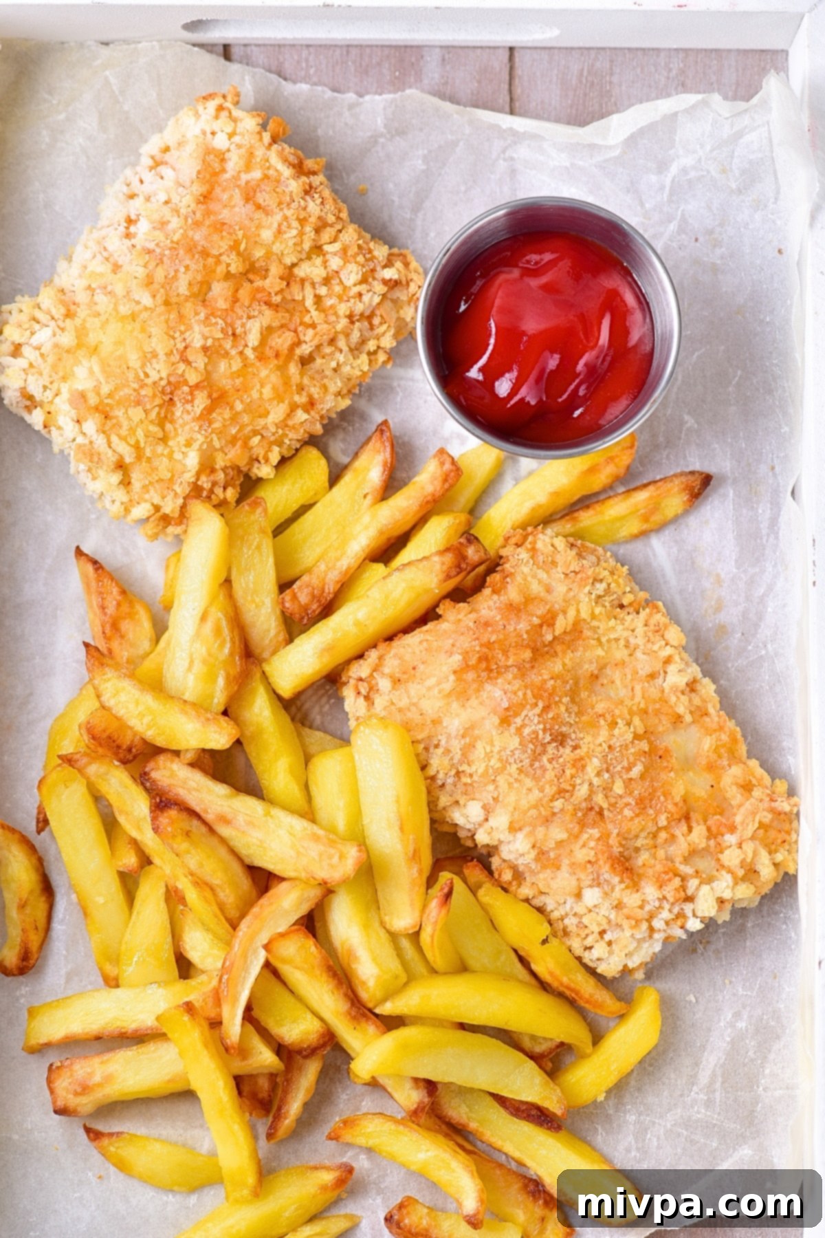 Top down view of a full plate of gluten-free dairy-free fish and chips on a parchment-lined tray, with lemon wedges.