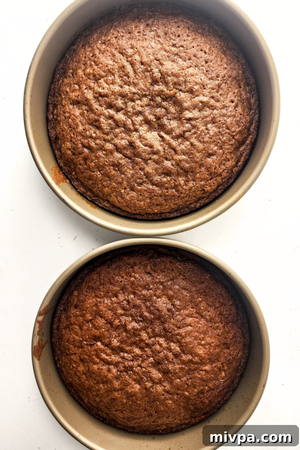 GF Carrot Cake Recipe Freshly baked carrot cake in two cake pans.