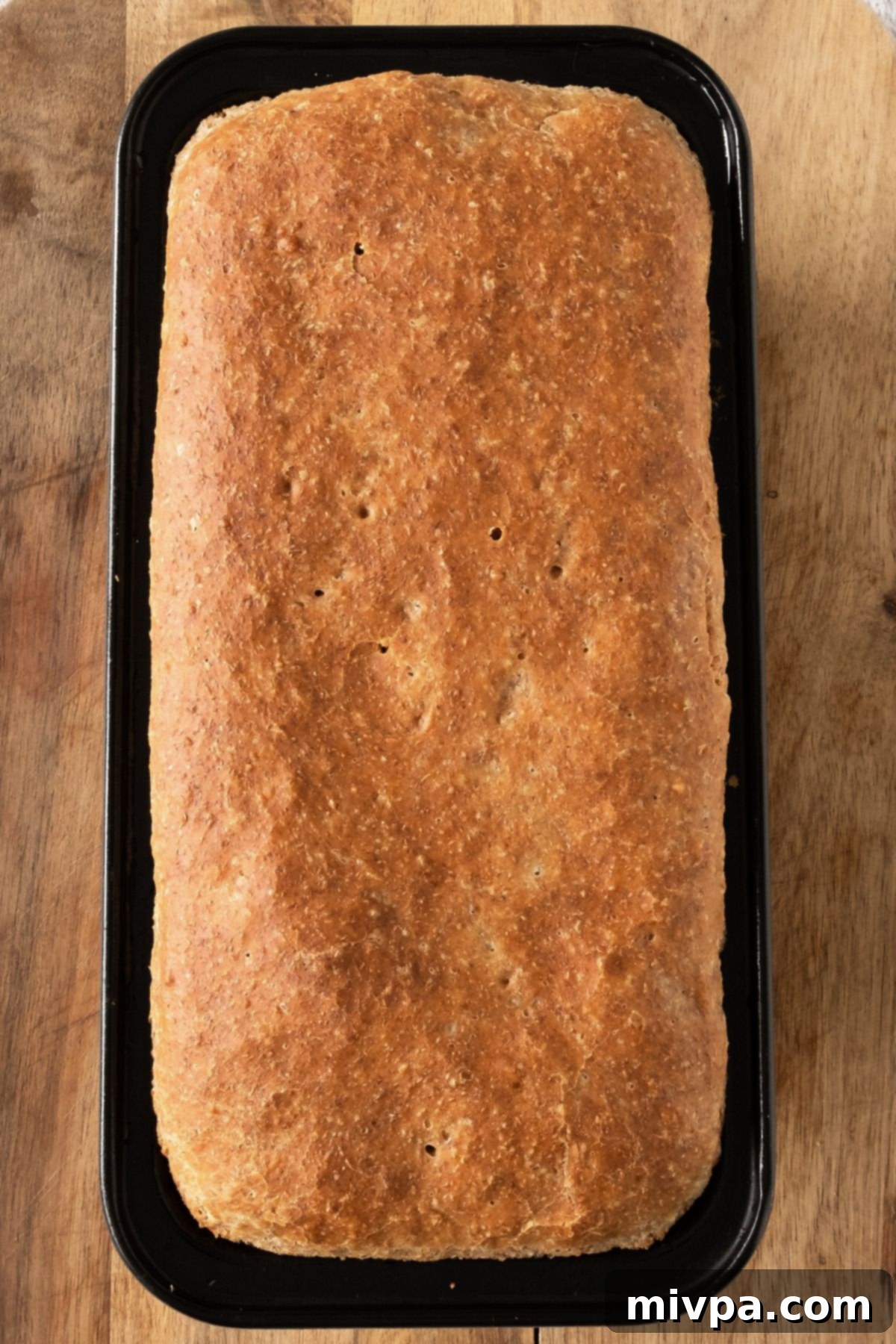 GF Bread Made with Beer A freshly baked golden-brown gluten-free beer bread still in its loaf pan.