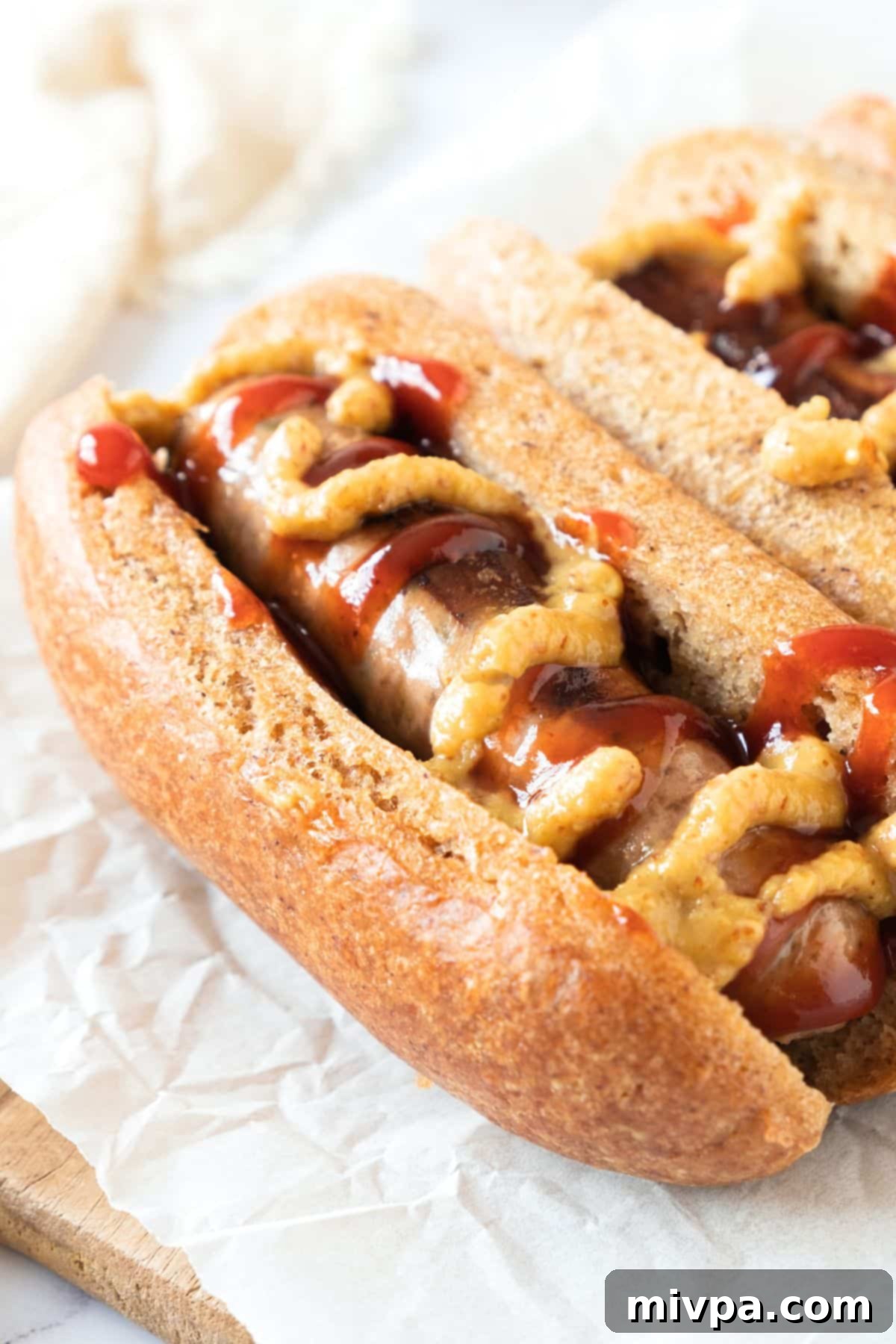 Gluten-Free Hot Dog Buns (Dairy-Free) Up close shot of gf hot dogs topped with mustard and ketchup.