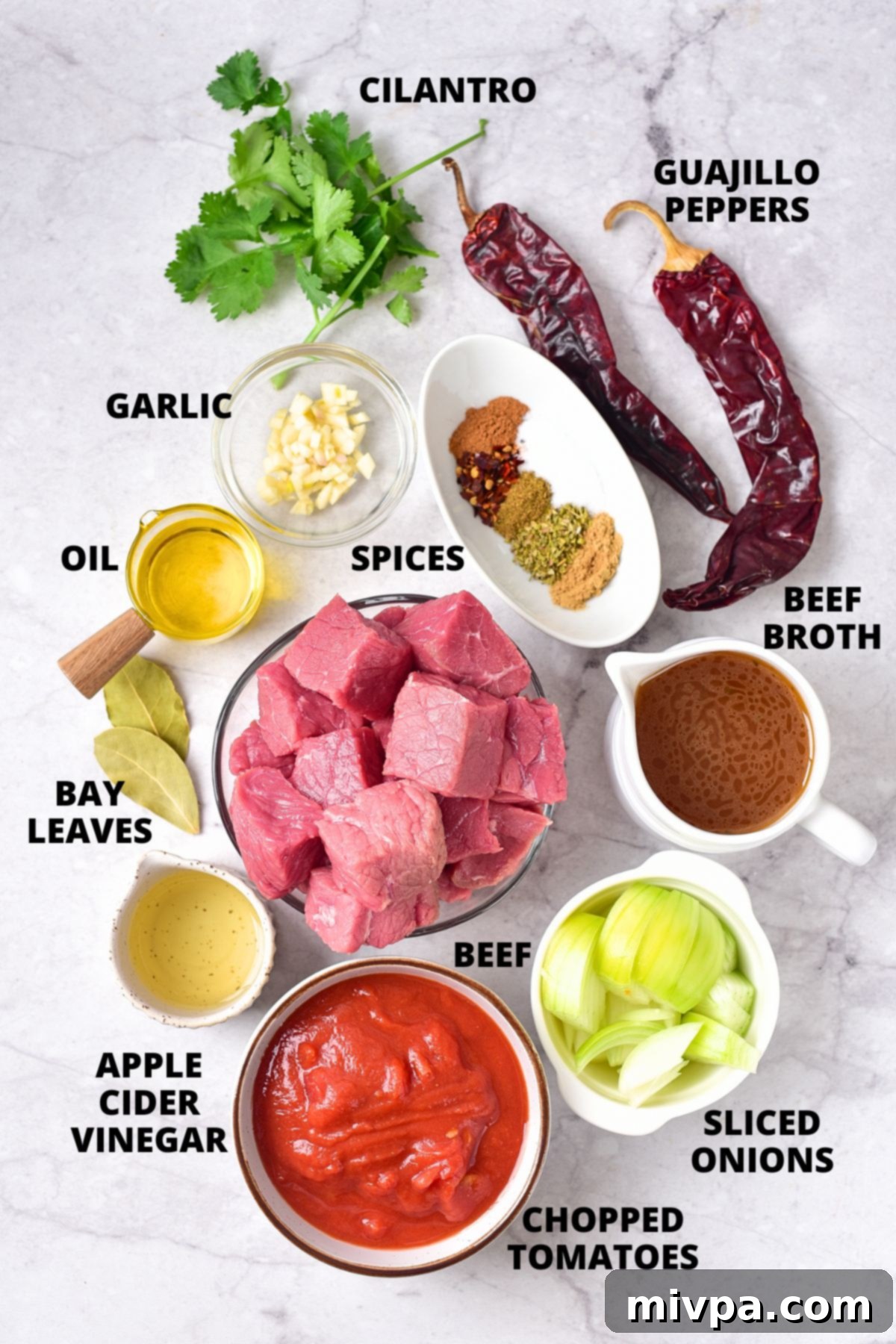Ingredients required for Mexican shredded beef birria recipe, laid out on a table.