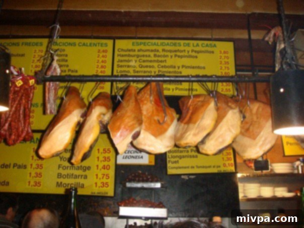 The Why Behind My Food Photography 7 Cured meats hanging invitingly from a metal rod in a lively tapas bar in Barcelona, Spain.