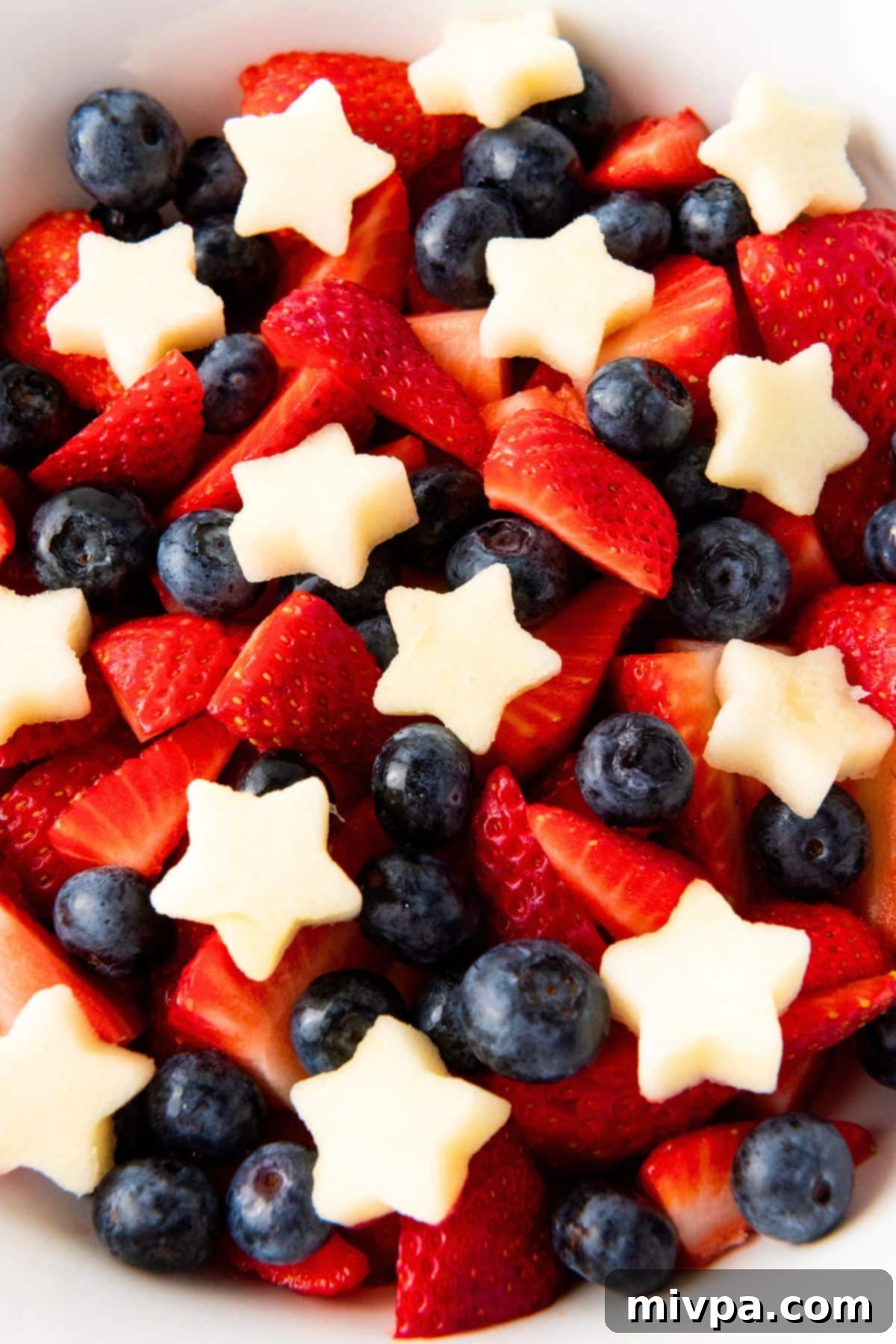Red White and Blue Fruit Salad Up close view of red white and blue fruit salad
