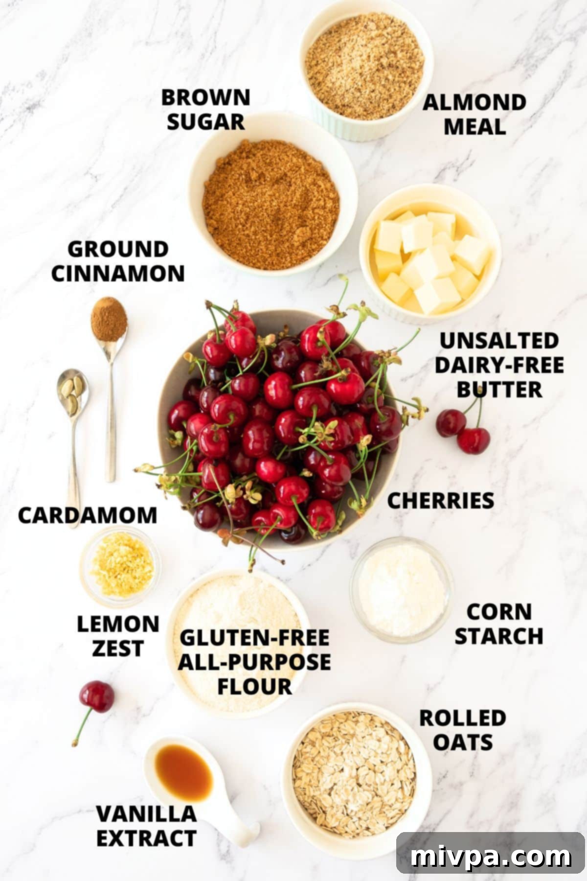 Recipe for Cherry Crumble A colorful array of fresh ingredients for a cherry crumble recipe, neatly arranged for preparation.