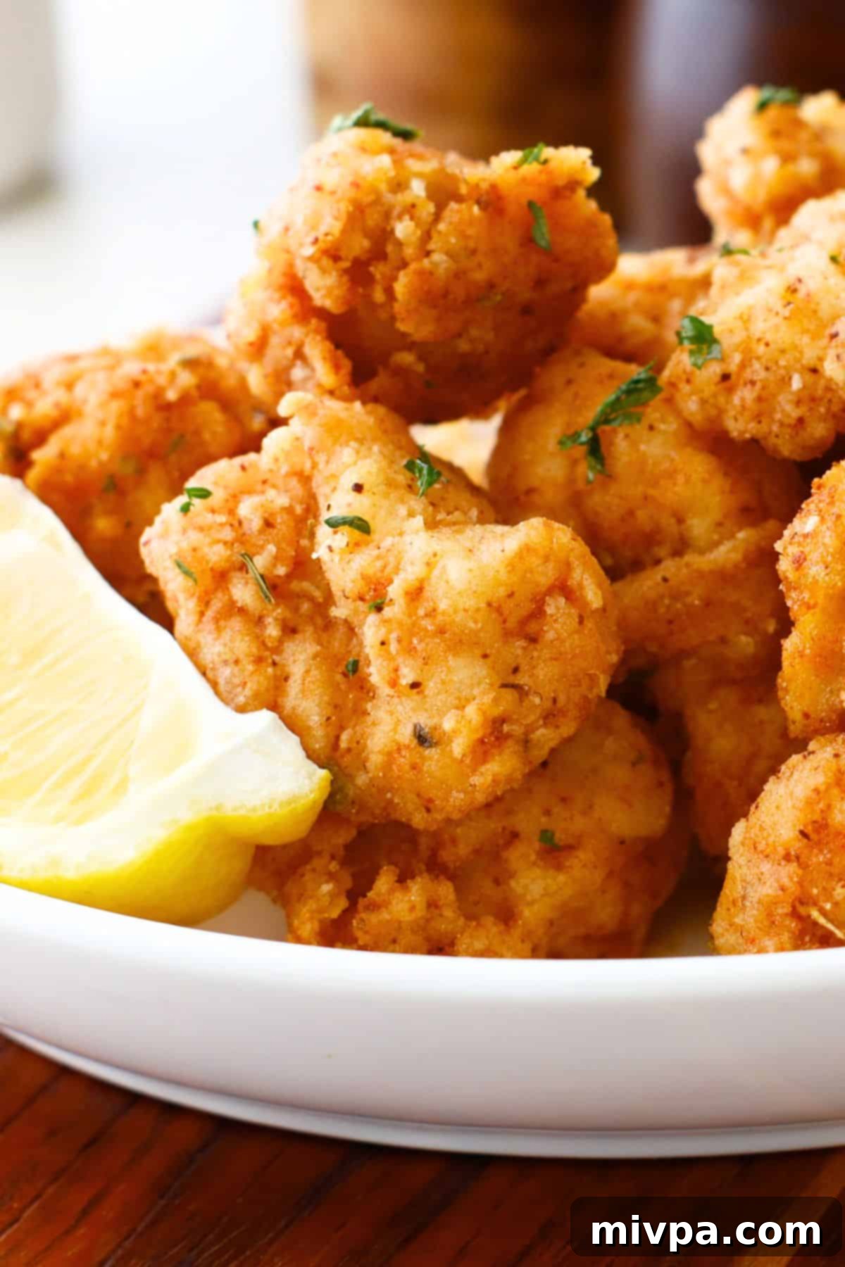A plate of gluten-free popcorn chicken.