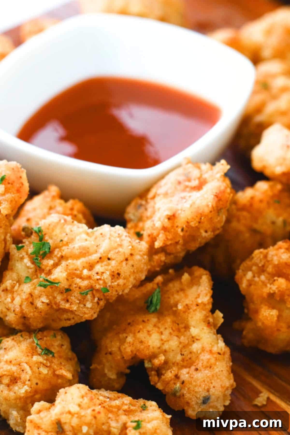 Up close shot of easy popcorn chicken on wooden board.