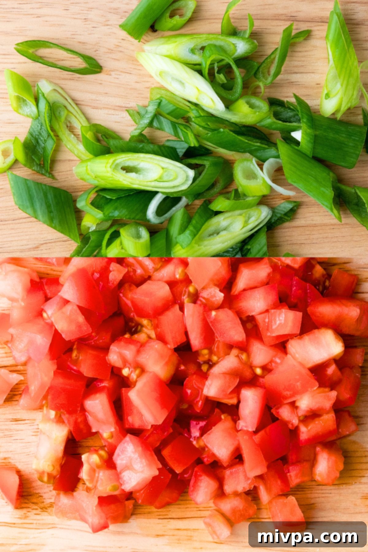 Healthier Bang Bang Shrimp Sliced spring onions and diced tomatoes on wooden board.