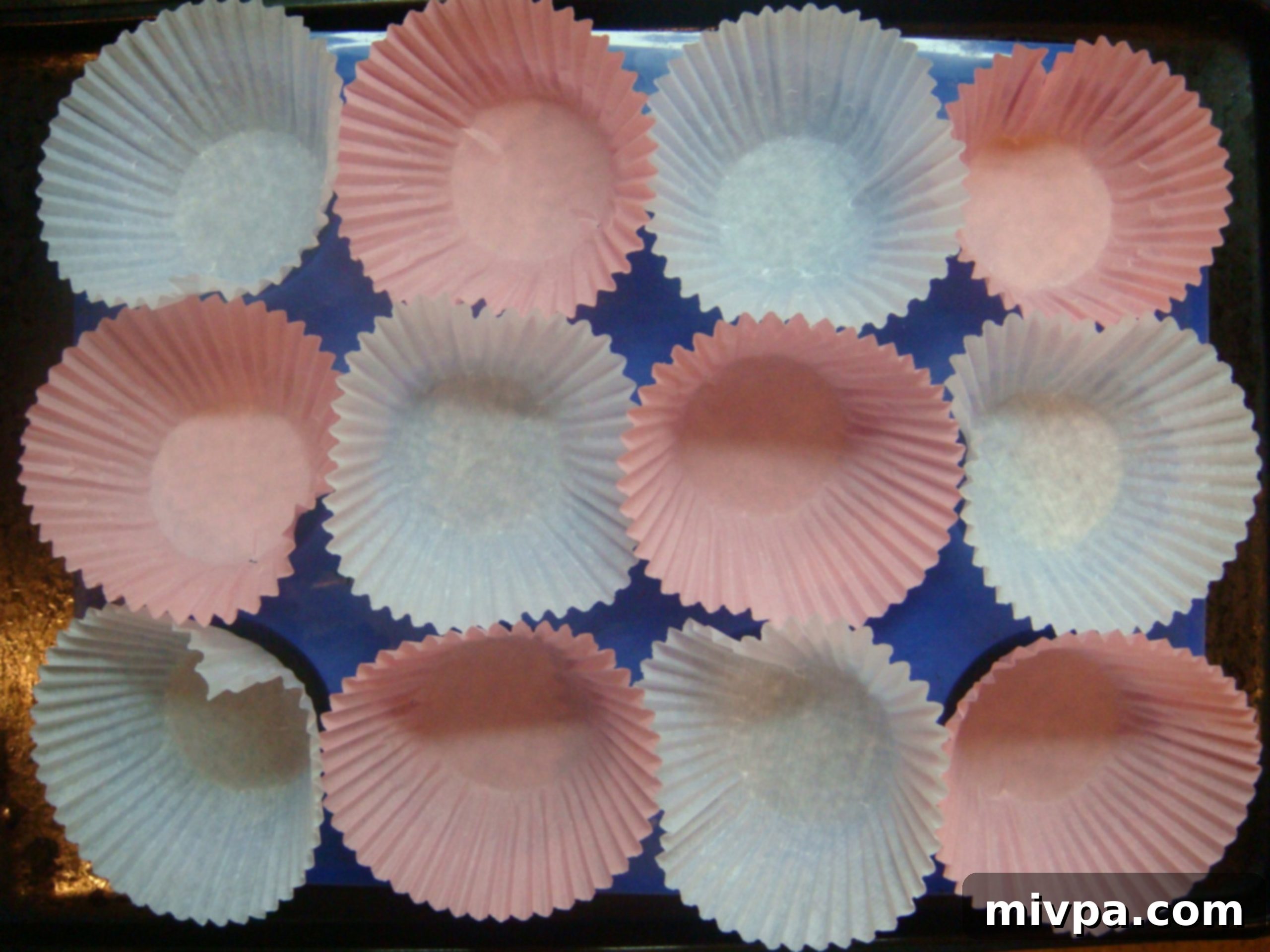Chocolate Cherry Muffins 12 Paper muffin cups arranged neatly in a muffin tin, ready for batter.