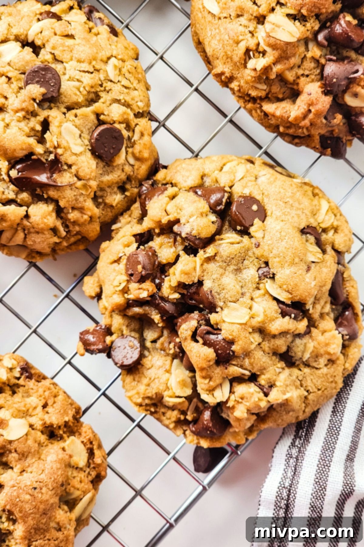 Delicious Gluten-Free Dairy-Free Oatmeal Chocolate Chip Cookies Top-down view of freshly baked gluten-free oatmeal chocolate chip cookies cooling on a wire rack, showcasing their golden-brown edges and melted chocolate chips.