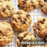 Irresistible Gluten-Free Dairy-Free Oatmeal Chocolate Chip Cookies 2 Perfectly baked gluten-free oatmeal chocolate chip cookies cooling on a wire rack.