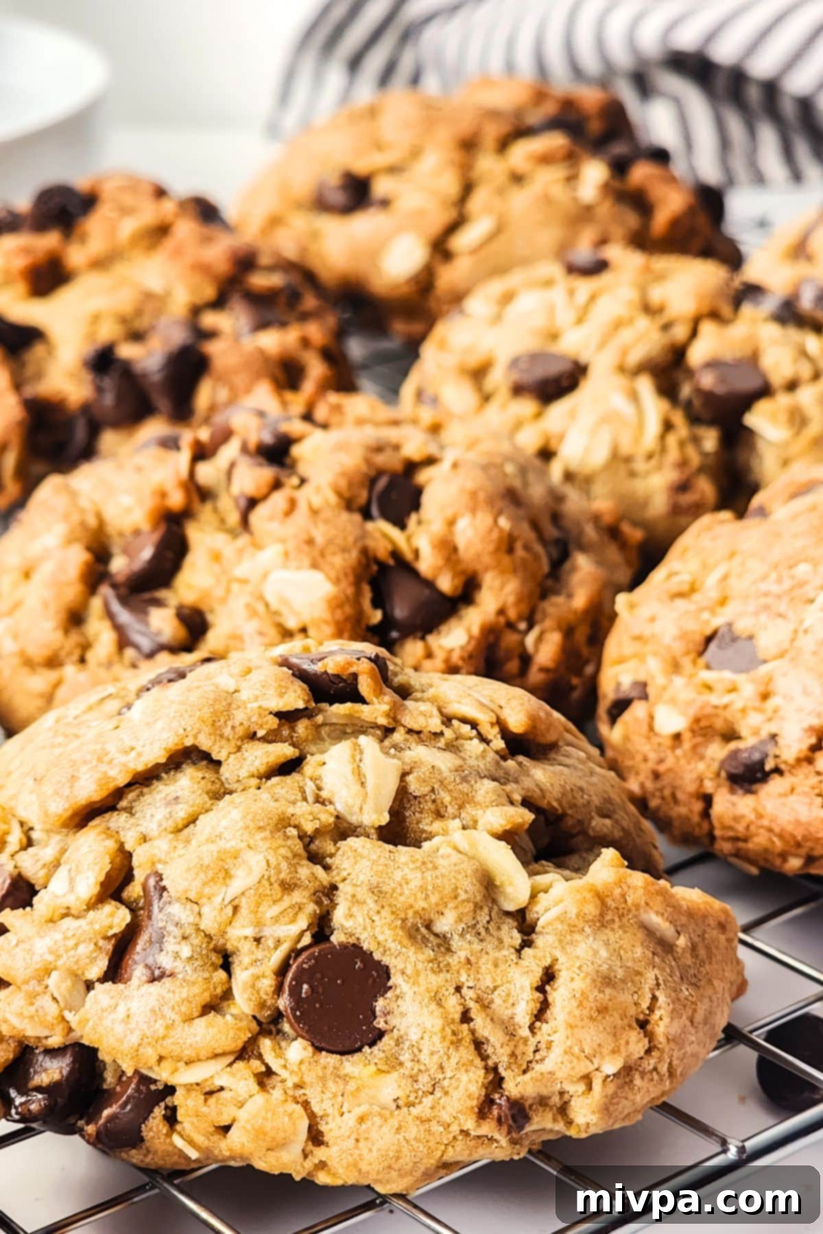 Perfect Gluten-Free Dairy-Free Oatmeal Cookies with Chocolate Chips Delicious gluten-free oatmeal chocolate chip cookies cooling on a wire rack, ready to be enjoyed by all.