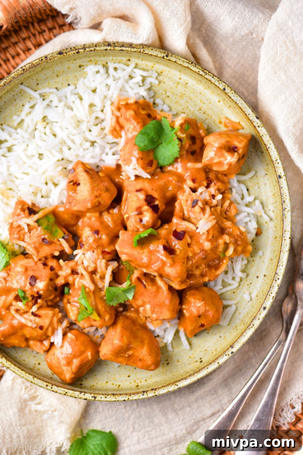 Top down view of a plate of gluten-free chicken curry and rice.