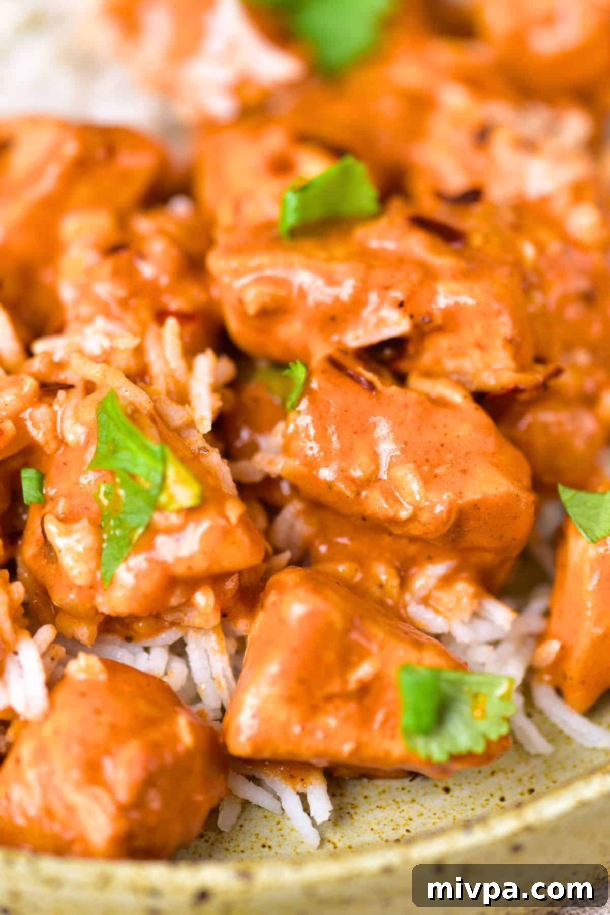 Very up close view of gluten-free dairy-free curry chicken, showing the texture of the sauce and herbs.