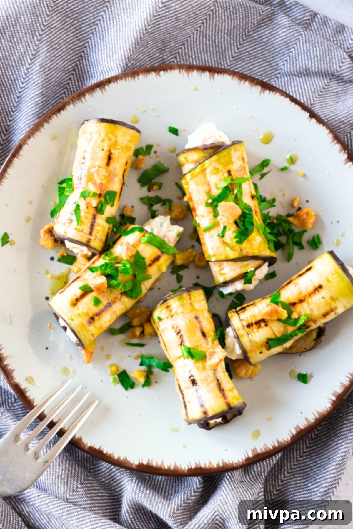 Top-down view of a plate showcasing perfectly grilled eggplant roll ups, highlighting their appetizing golden-brown grill marks and fresh parsley garnish.