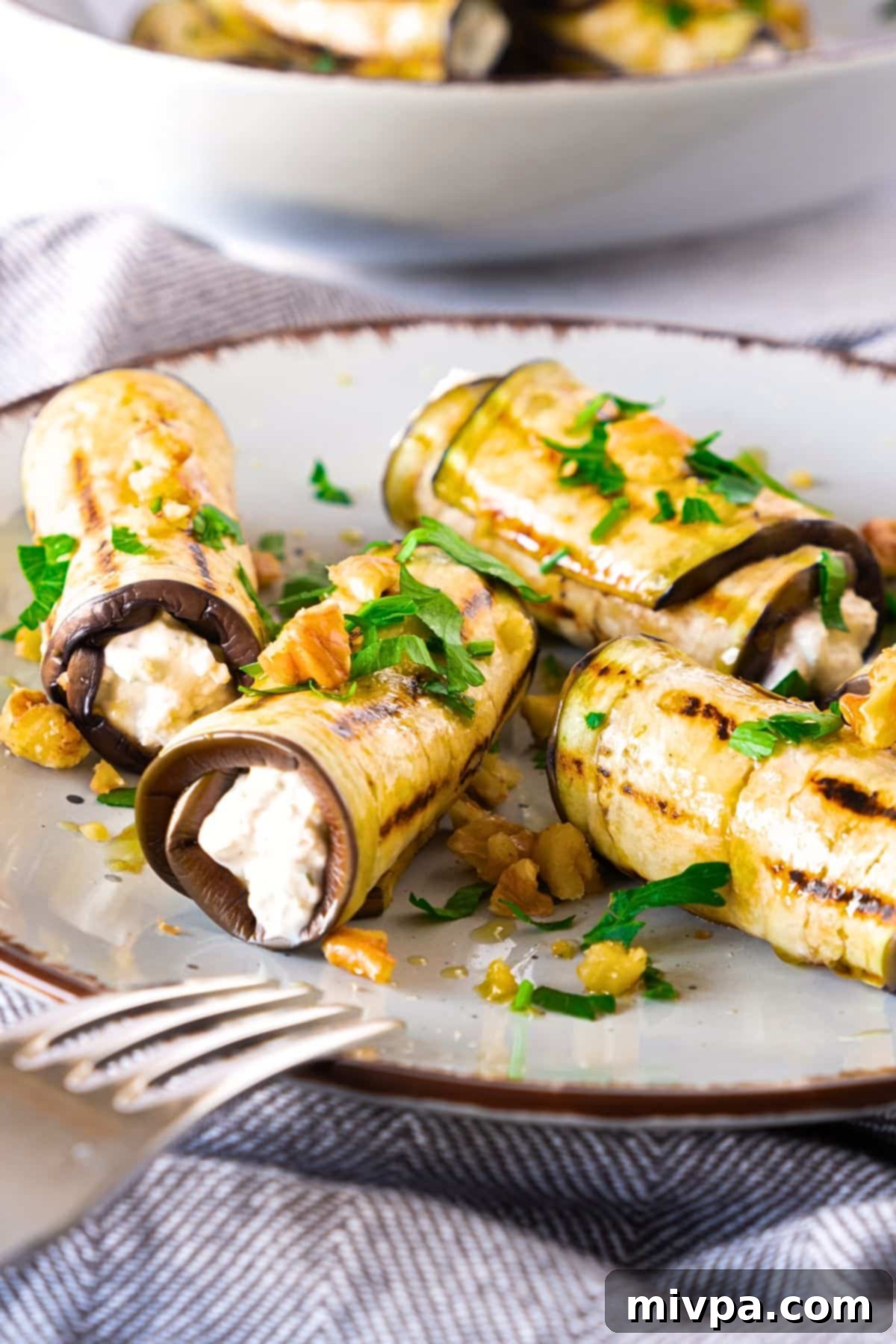 A beautifully presented plate of eggplant rolls, elegantly sprinkled with fresh parsley and a drizzle of olive oil, ready for serving.