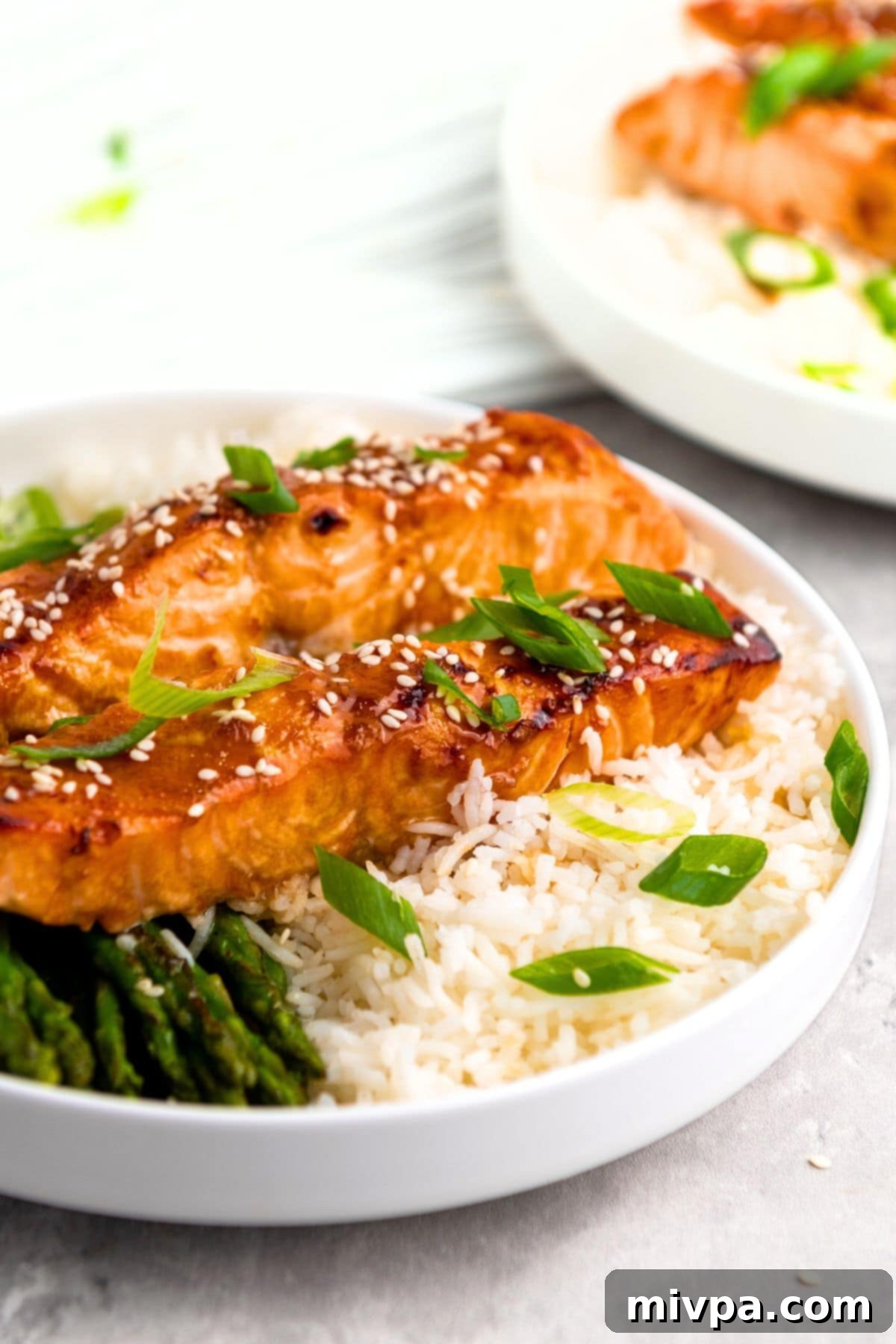 Up close view of a perfectly cooked salmon teriyaki bowl, showcasing the flaky salmon, glossy teriyaki sauce, and fresh green onion garnish.