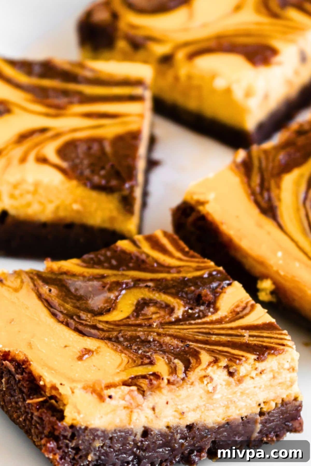 Gluten-Free Dairy-Free Pumpkin Cheesecake Brownies Up close view of the texture of pumpkin cheesecake brownies, showcasing the rich brownie base and creamy pumpkin swirl.
