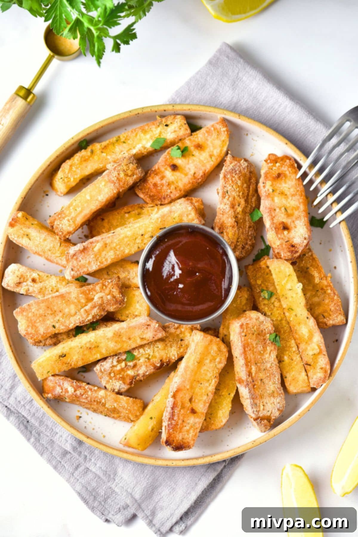 A plate of golden, crispy air fryer halloumi fries served with a bowl of vibrant red ketchup for dipping.