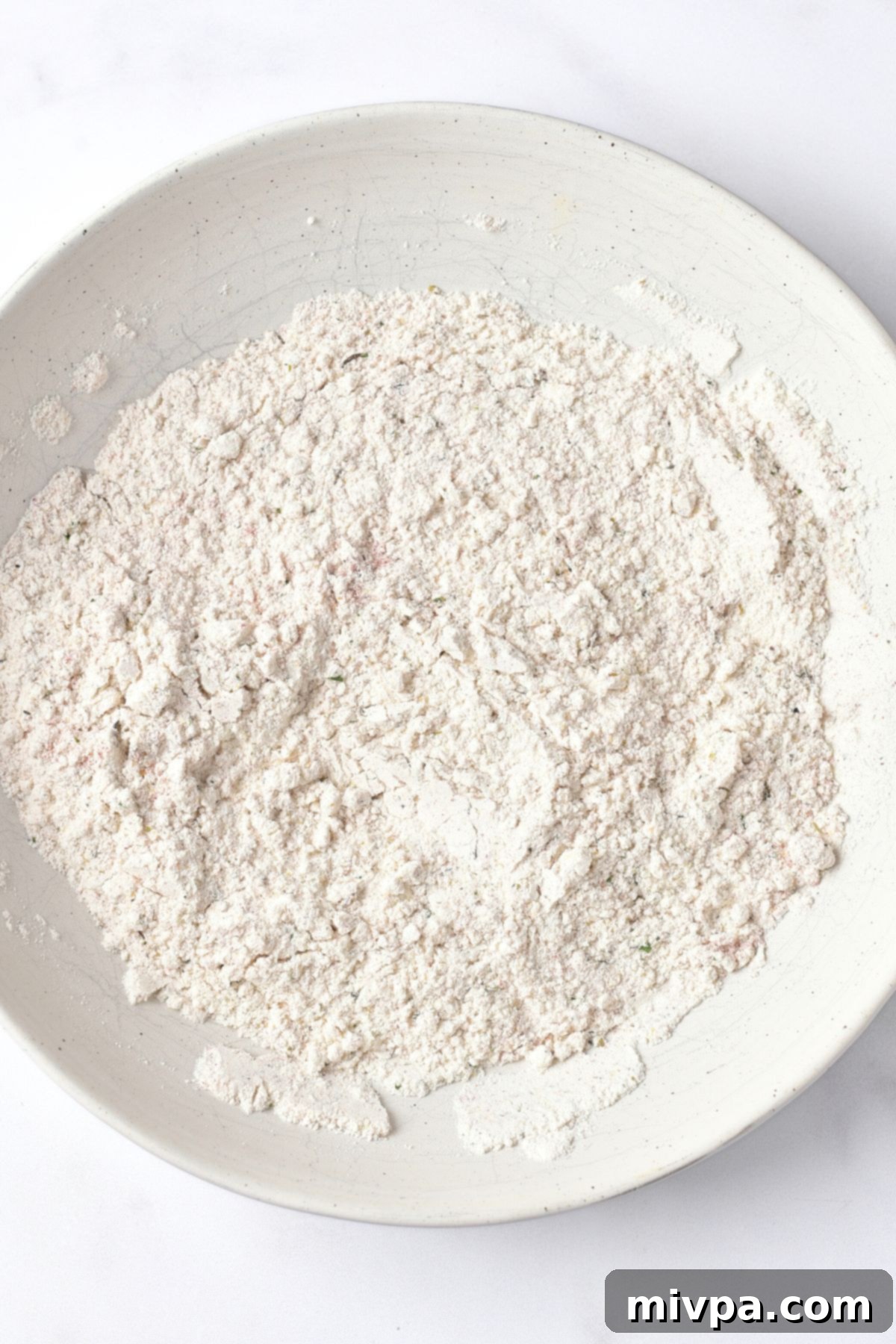 A shallow bowl containing the dry flour mixture seasoned with paprika, garlic, and parsley, ready for coating.